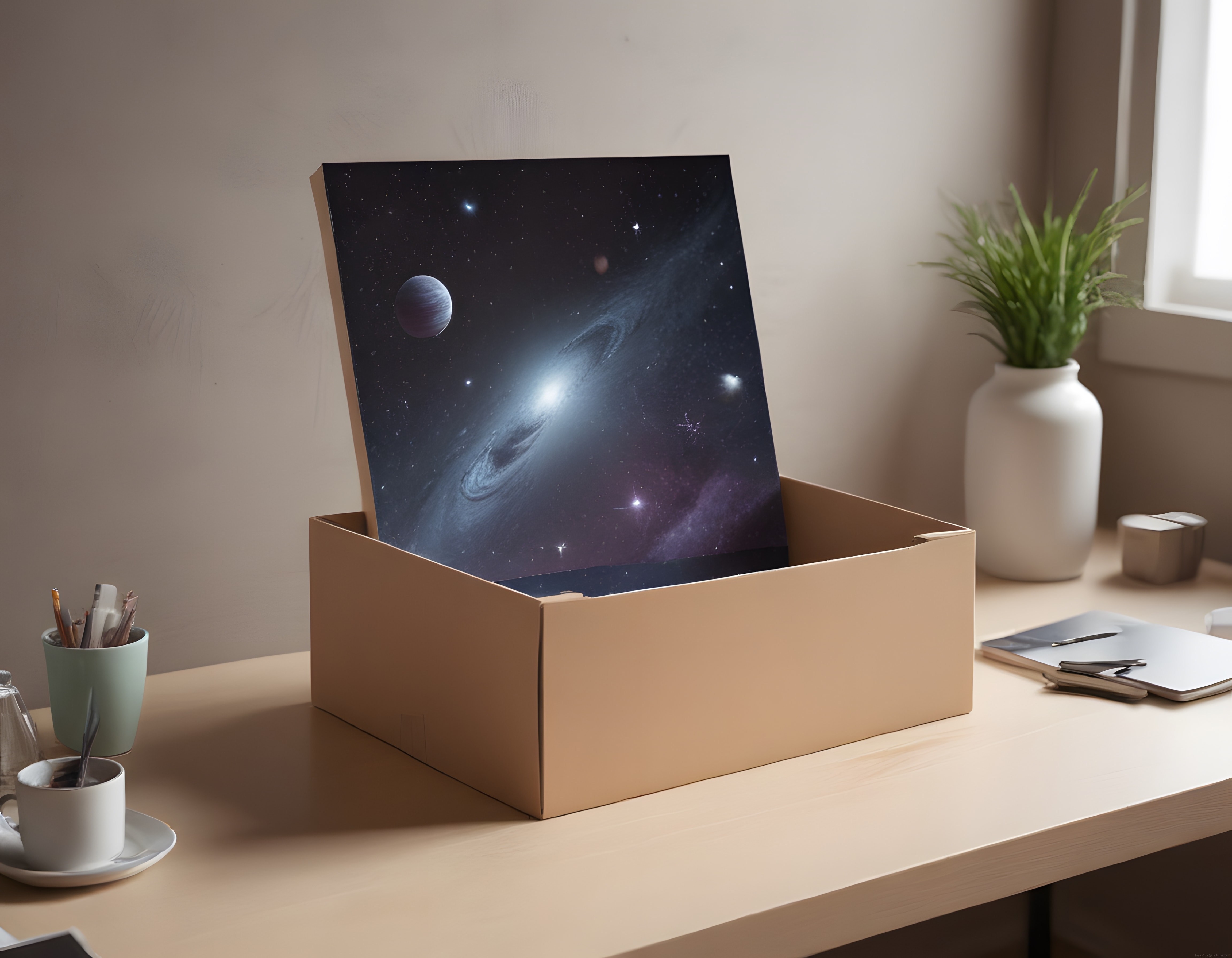 Karton Kutudan Çıkan Uzay Posteri ile Minimal Çalışma Masası Atmosferi