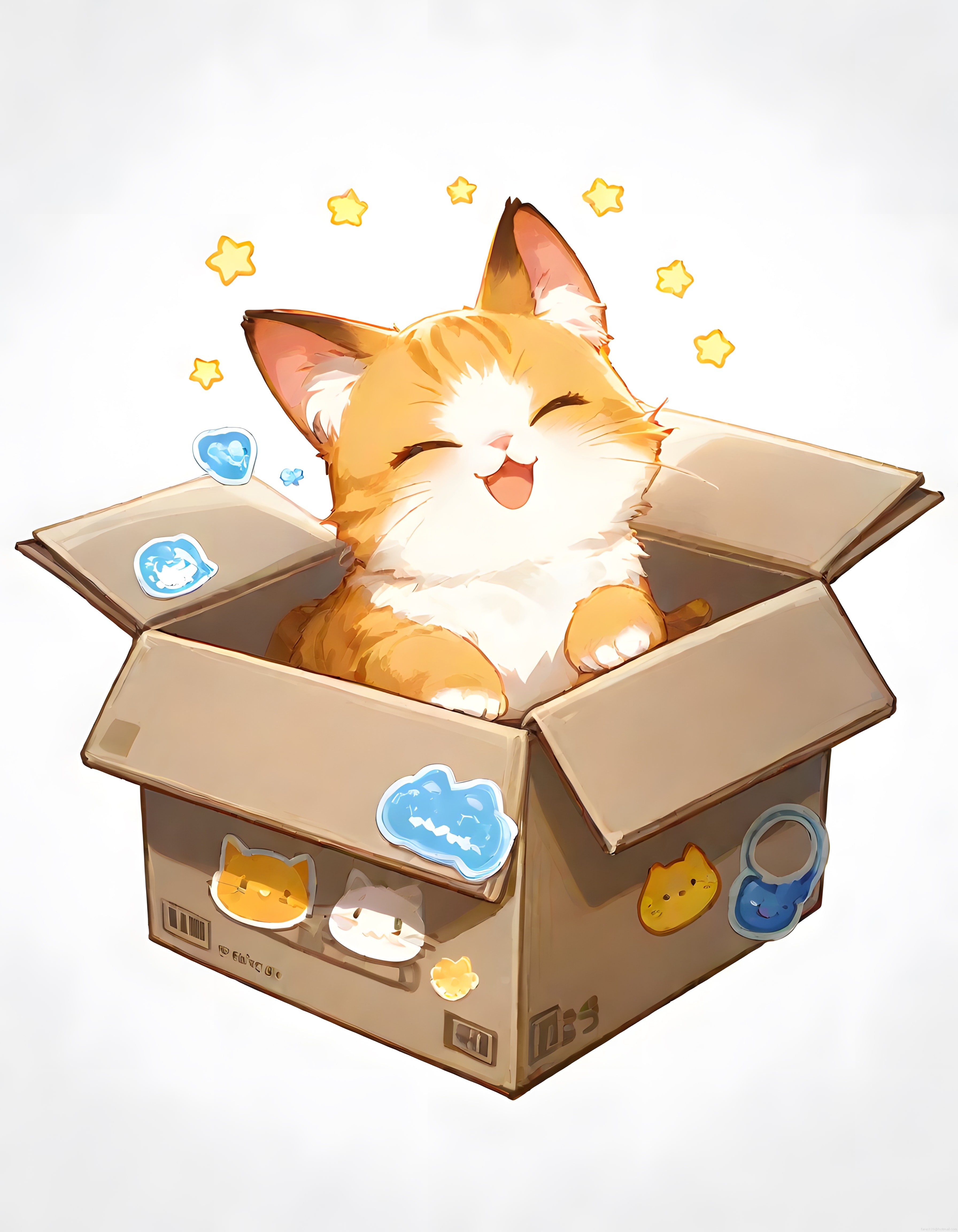 Karton Kutunun İçinde Sevimli Anime Kedi Yavrusu Keyifli Dijital İllüstrasyon