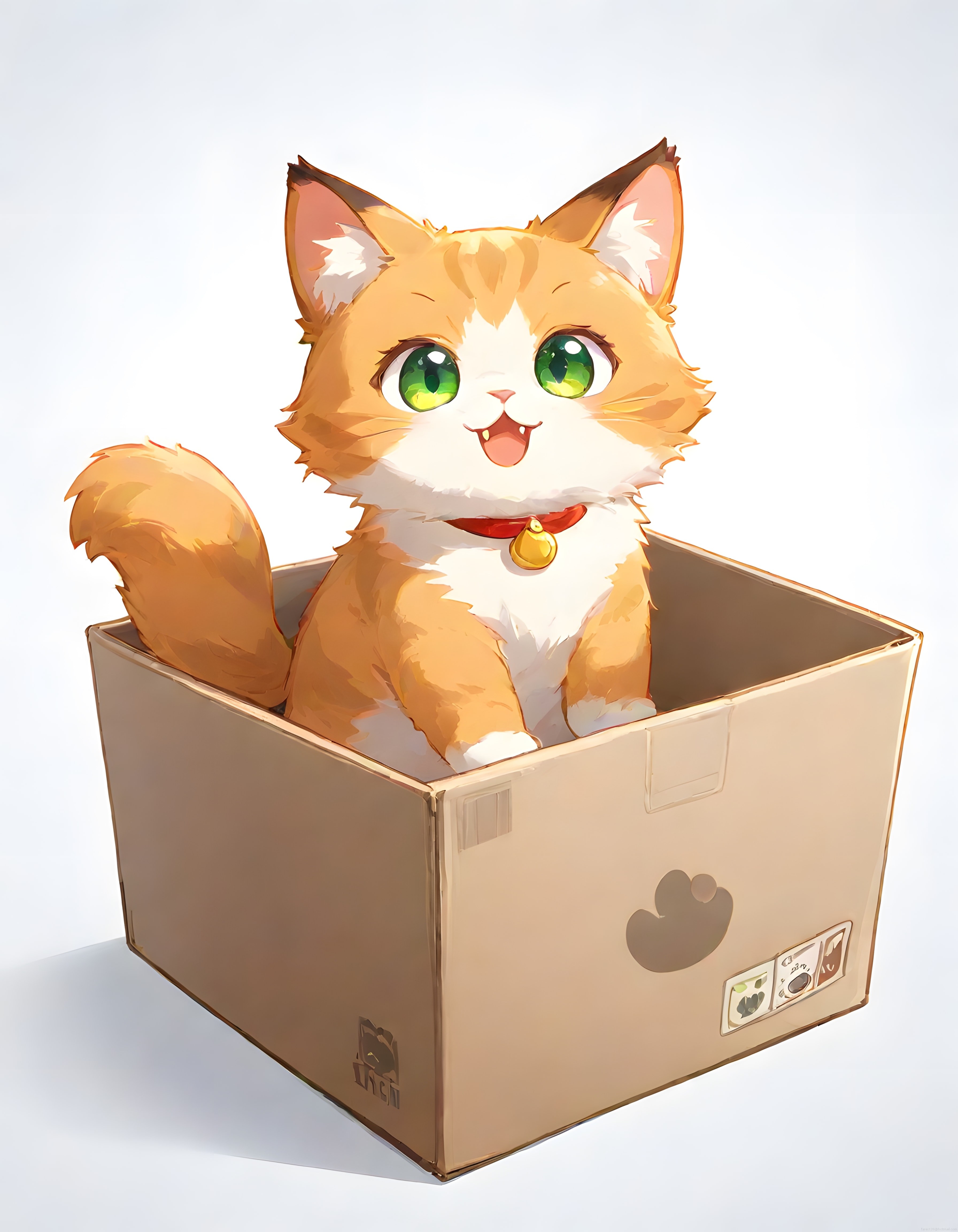 Karton kutusunda oturan sevimli anime tarzı turuncu beyaz kedi illüstrasyonu