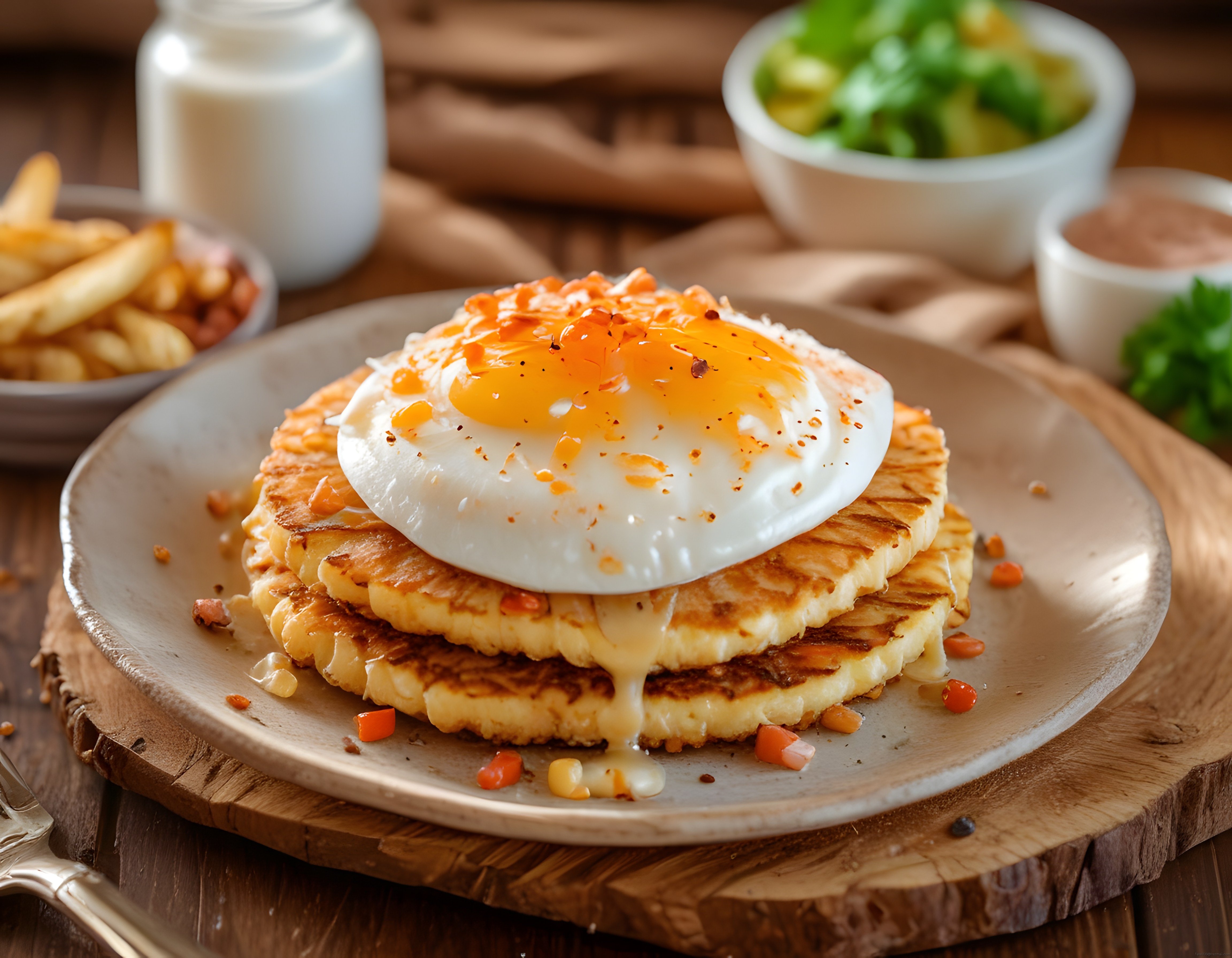 Kaşar Peynirli Tost Üzerinde Kızarmış Yumurta ile Rustik Kahvaltı Tabağı