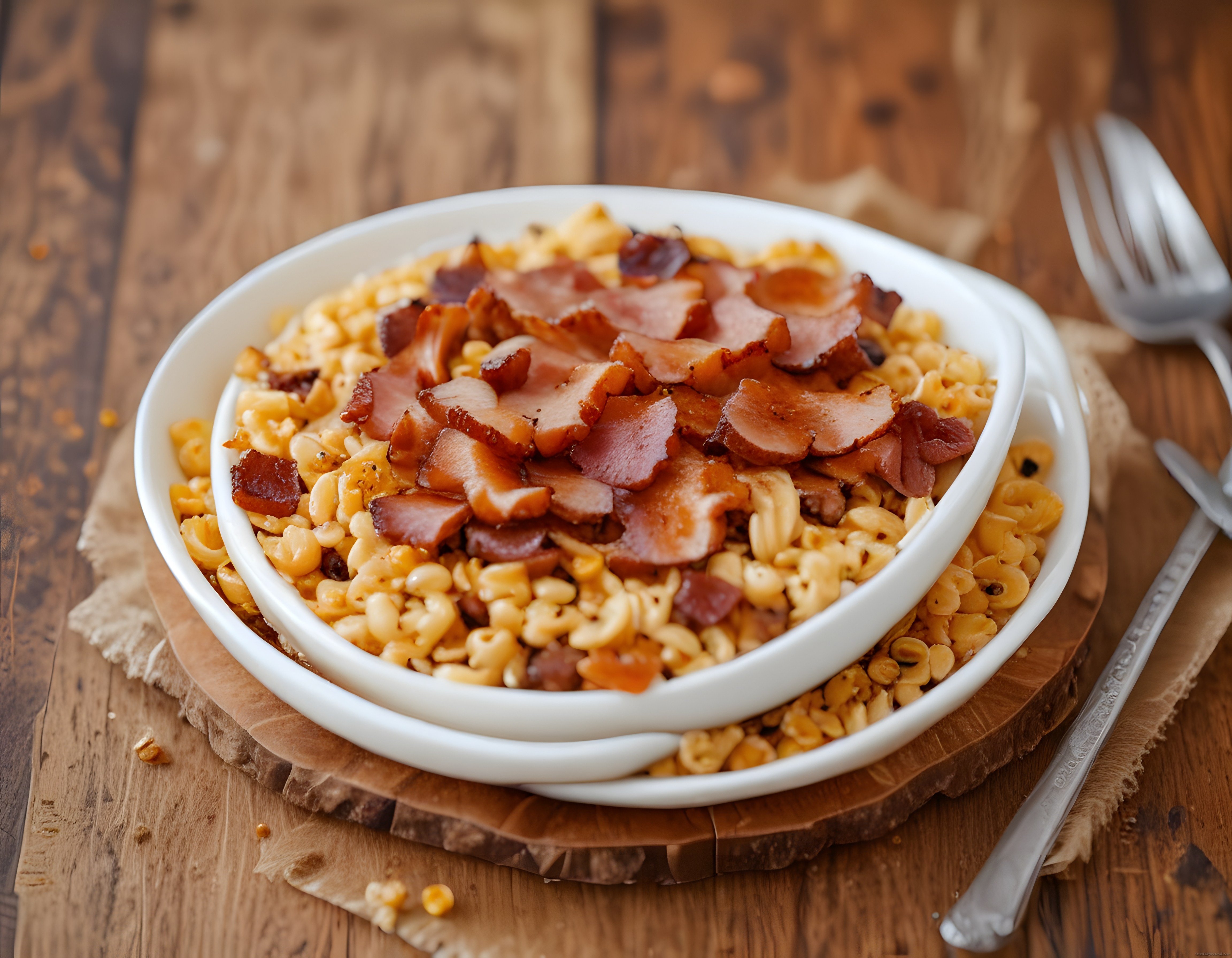 Kaşarlı Dirsek Makarna ve Kızarmış Bacon ile Lezzetli Akşam Yemeği Sunumu