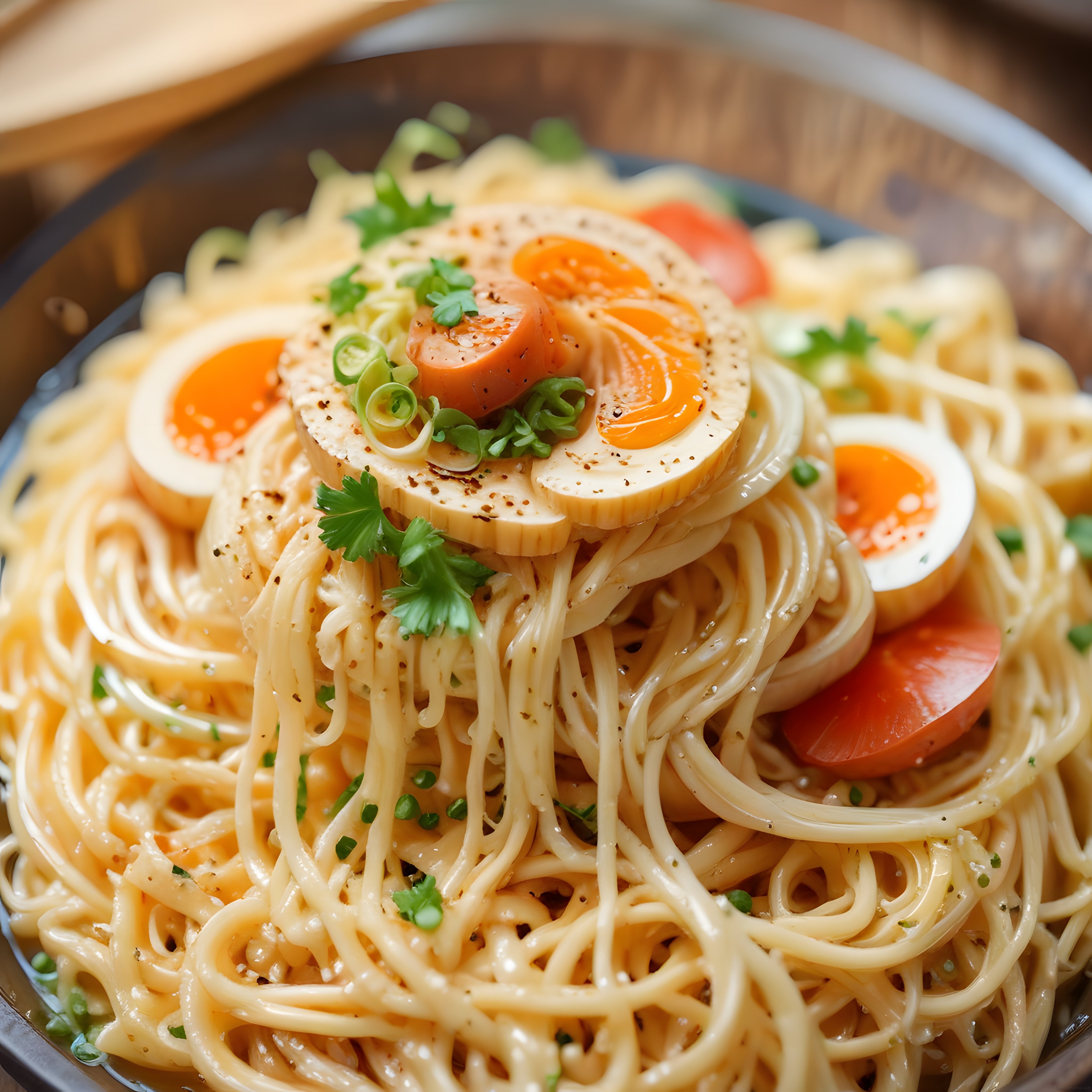 Kase Noodle: Kremalı Soslu Ramen, Haşlanmış Yumurta ve Maydanoz Süslemesi