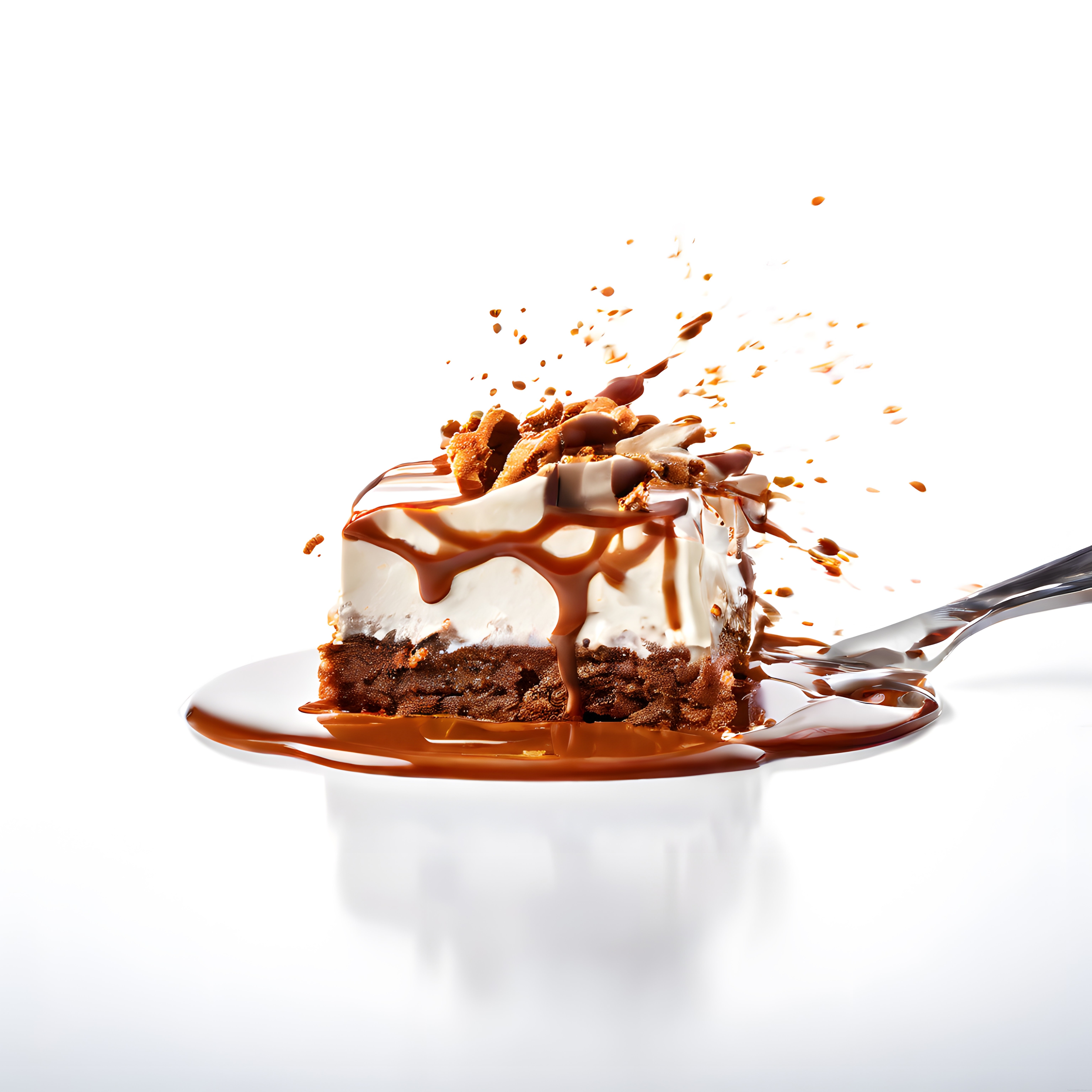 Kaşık üzerinde beyaz arka planda çikolata sosu dökülen cheesecake dilimi