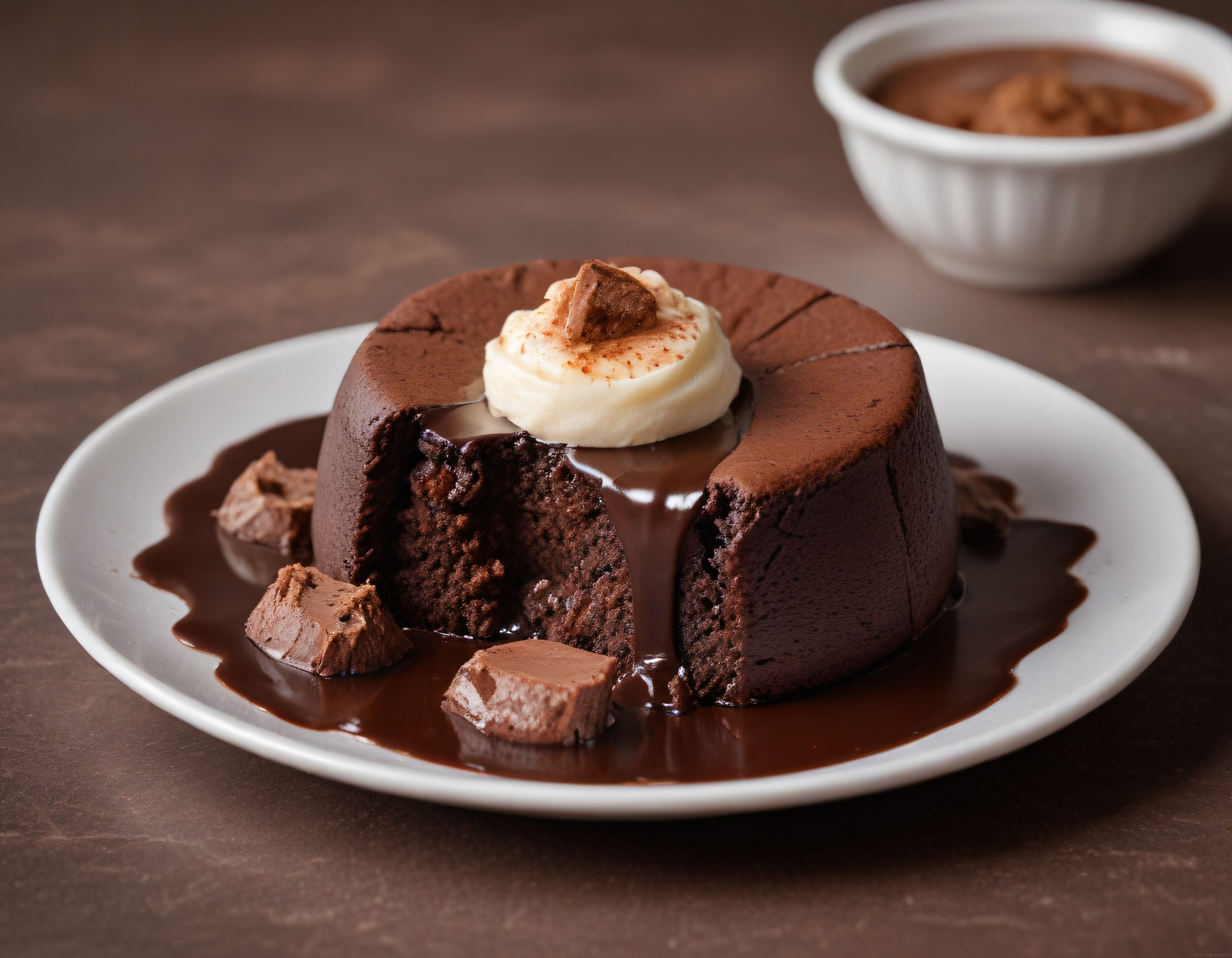 Kaşıkla Açılmış Akışkan Çikolatalı Sufle Tatlısı ve Vanilyalı Kreması