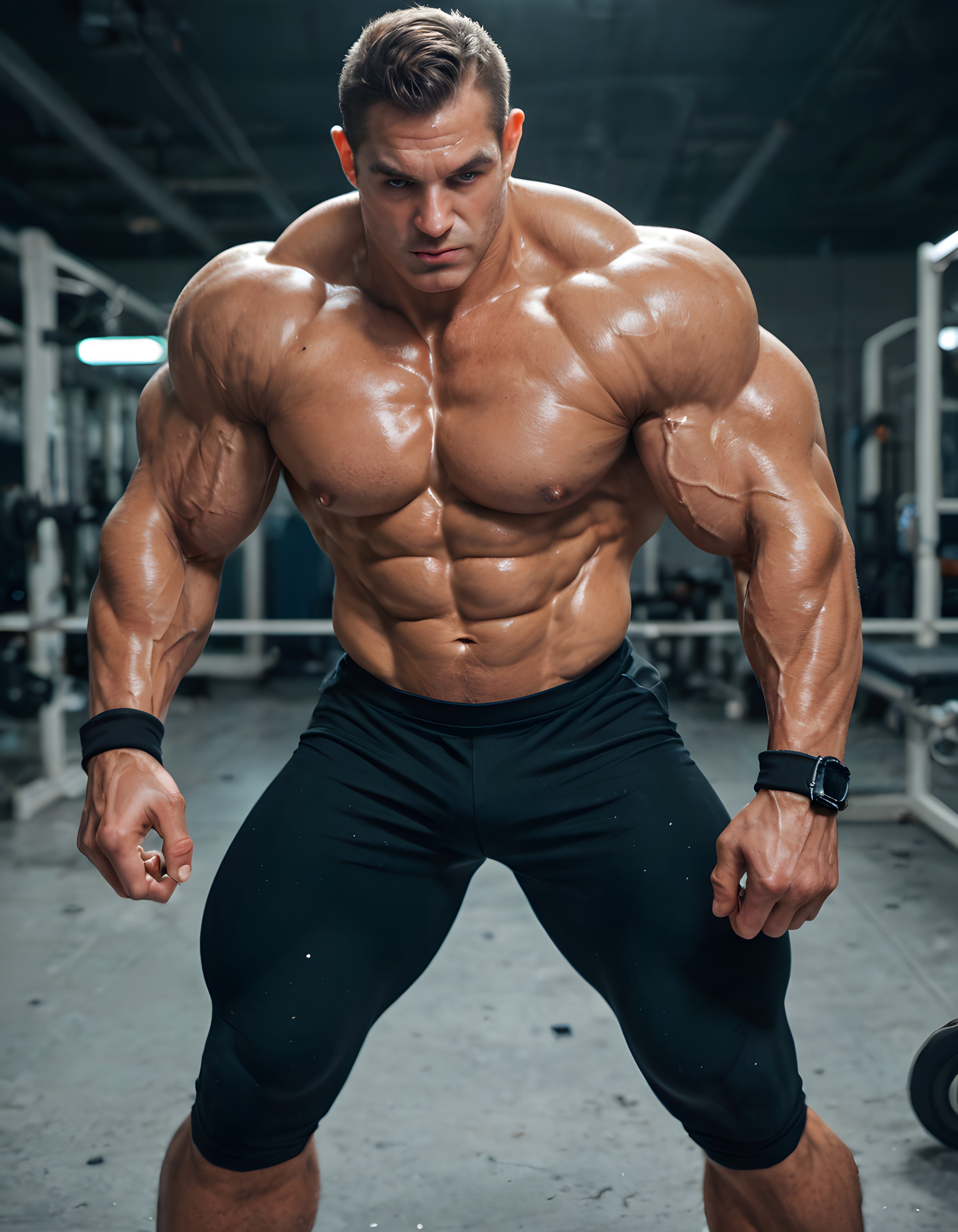 Kaslı Vücut Geliştirici Spor Salonunda Terli Fitness Pozu ve Güç Gösterisi