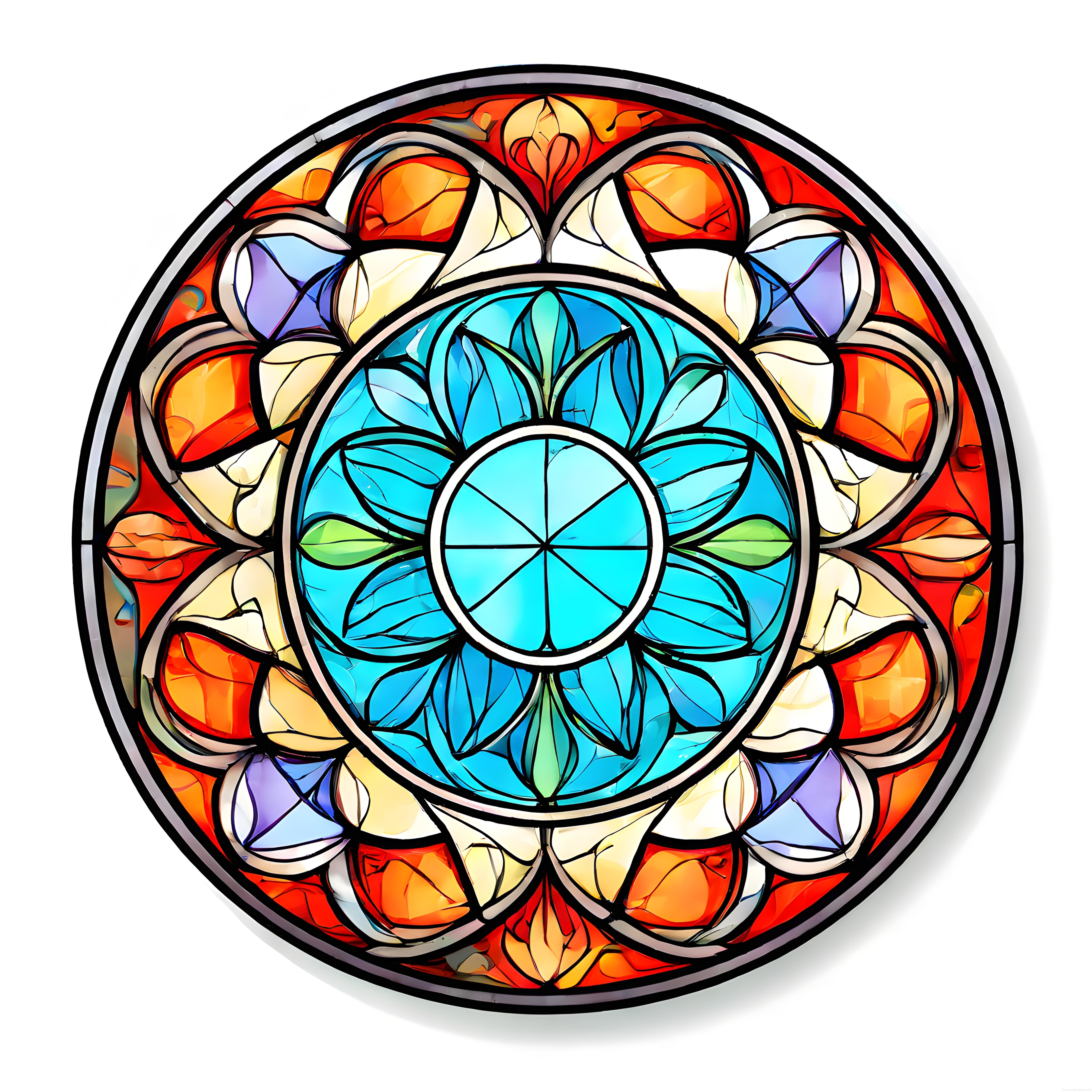 Katedral vitrayı tarzında renkli cam süsleme ve geometrik bitkisel desenler