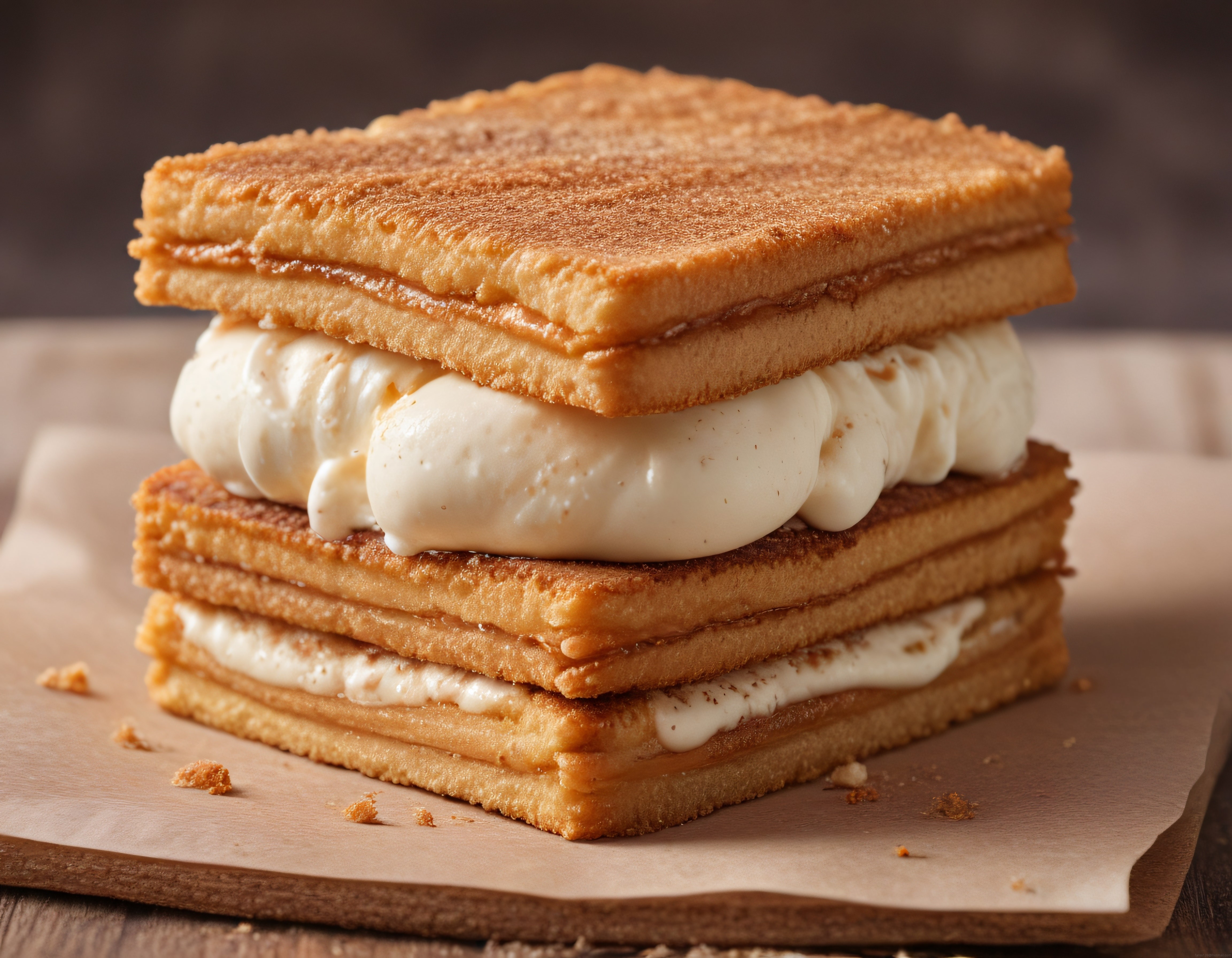 Katlı Kızarmış Ekmek Arası Marshmallow ve Fıstık Ezmeli Tatlı Sunumu
