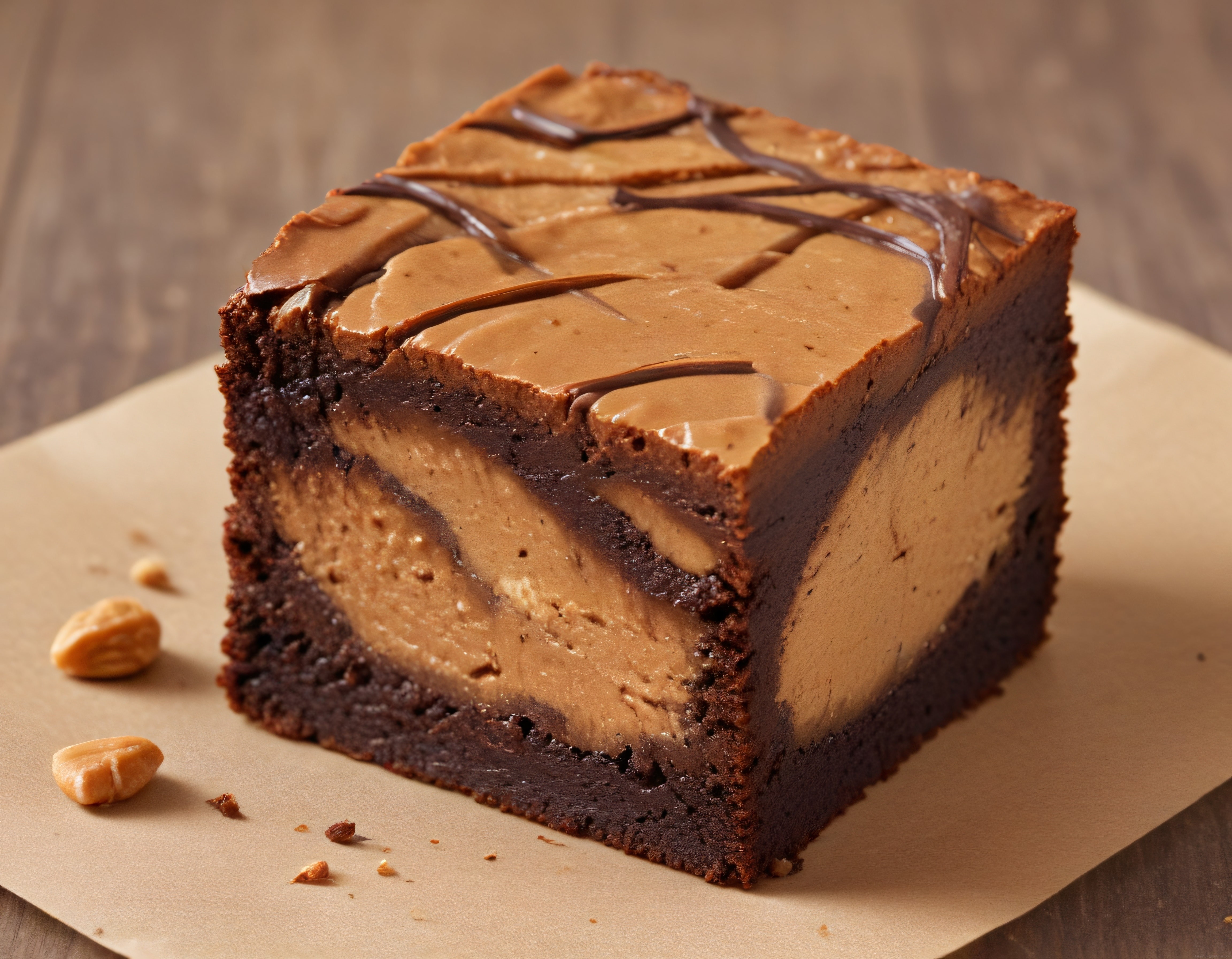 Katmanlı Çikolatalı Brownie Dilimi Üzerinde Fıstık Ezmesi ve Çikolata Sos