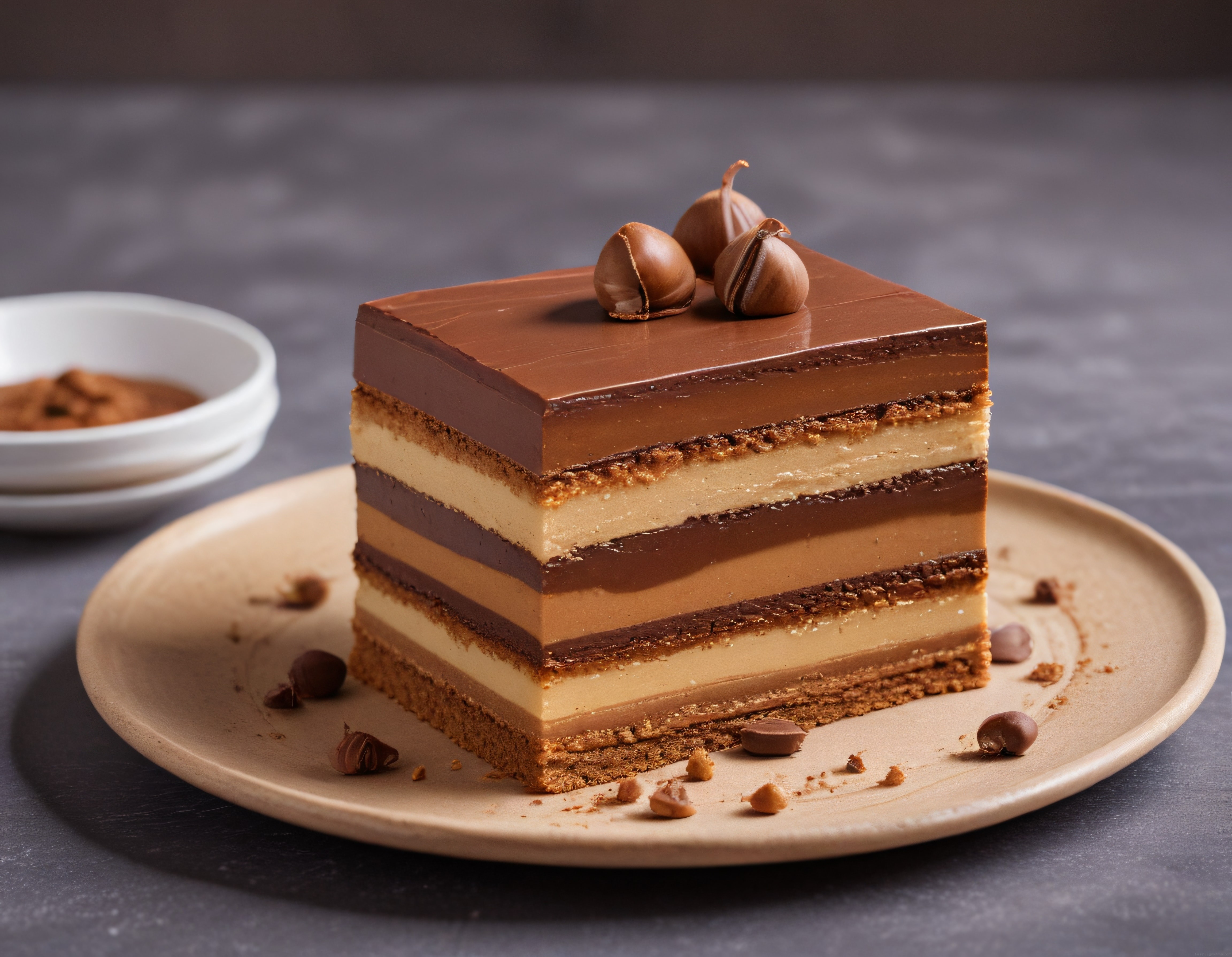 Katmanlı Çikolatalı Pasta Dilimi: Parlak Glazürlü Fındık Süslü Entremet