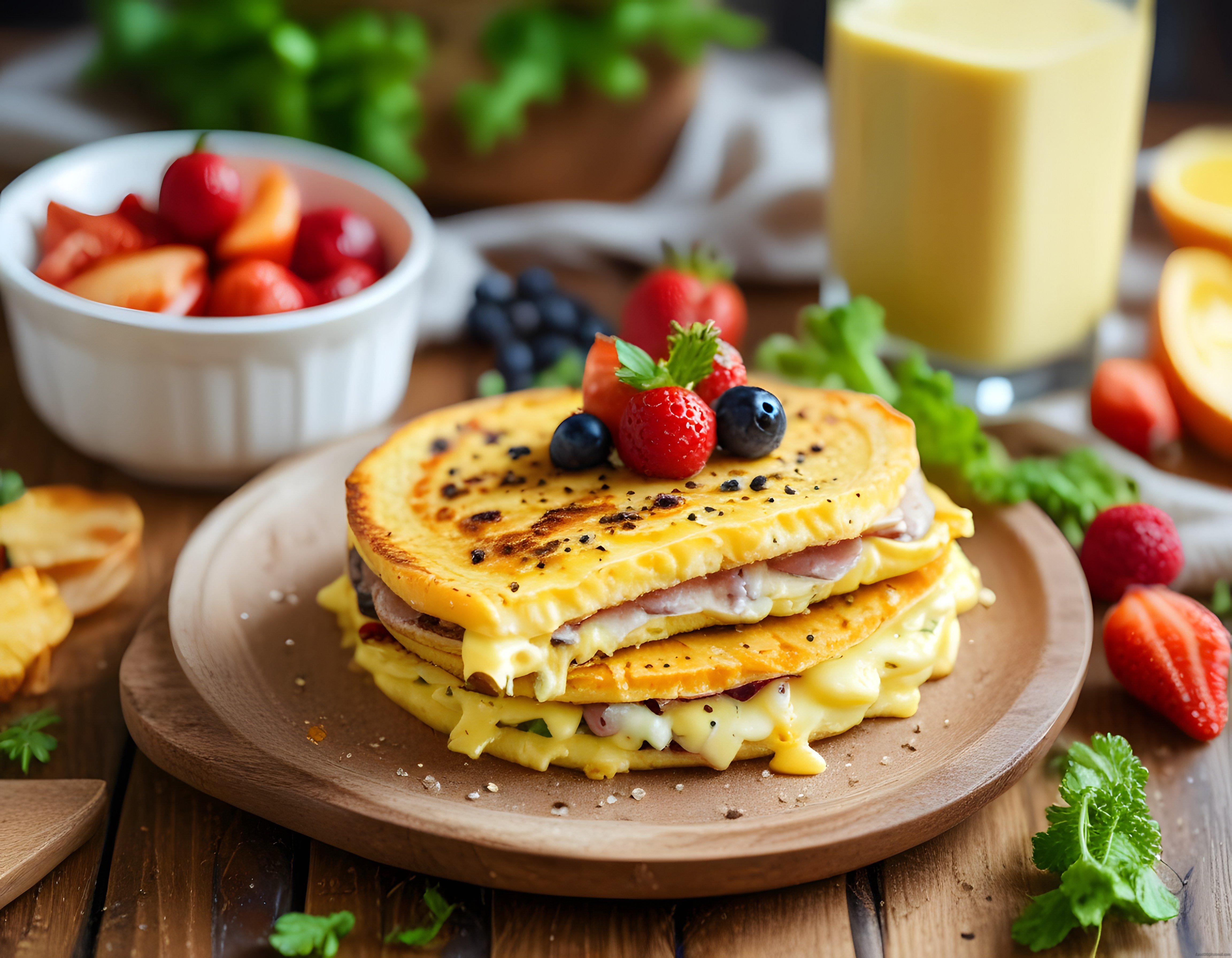 Katmanlı Erimiş Peynirli Tost ve Orman Meyveleriyle Kahvaltı Sunumu