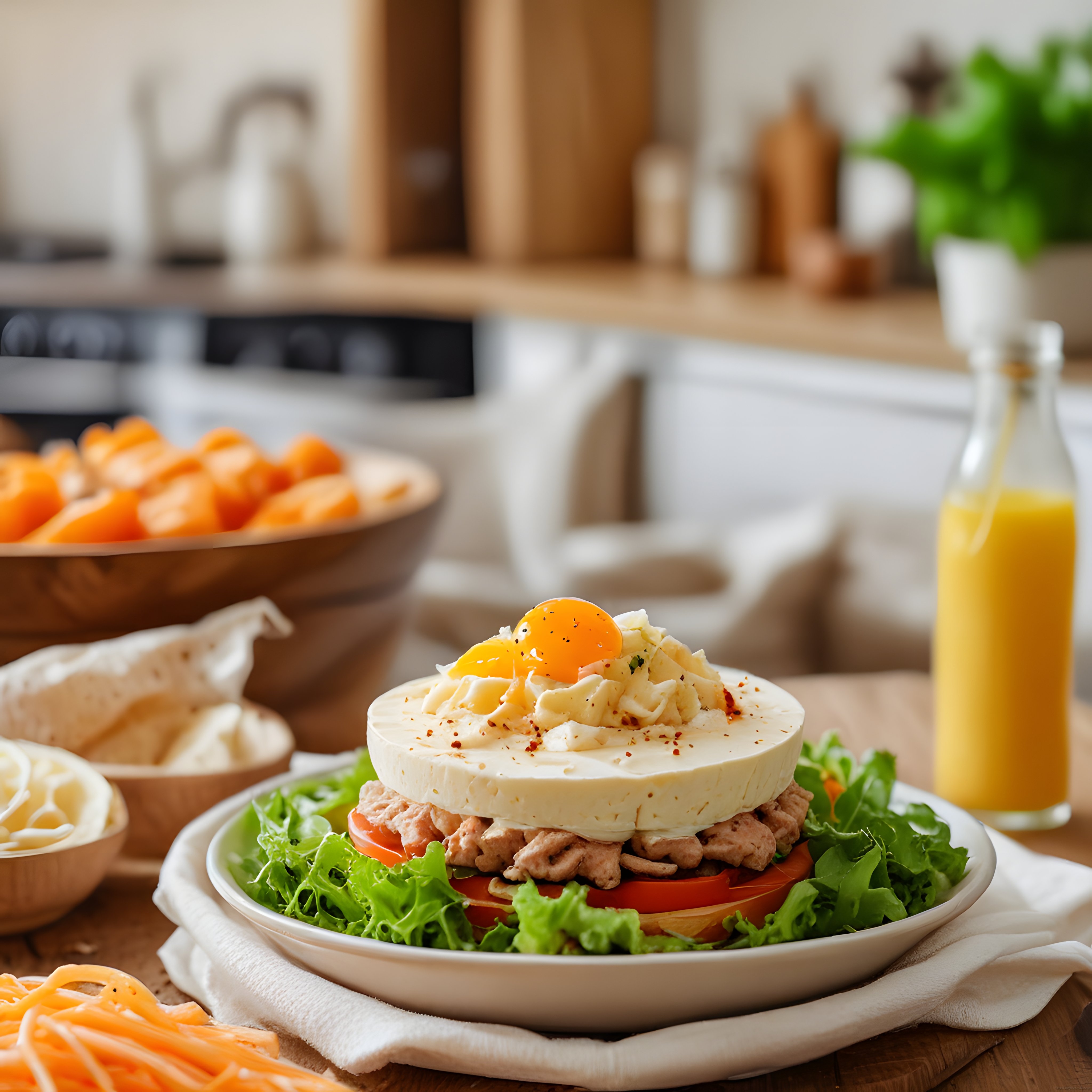 Katmanlı Kahvaltı Tabağı ve Taze Portakal Suyu ile Evde Sağlıklı Brunch Sunumu
