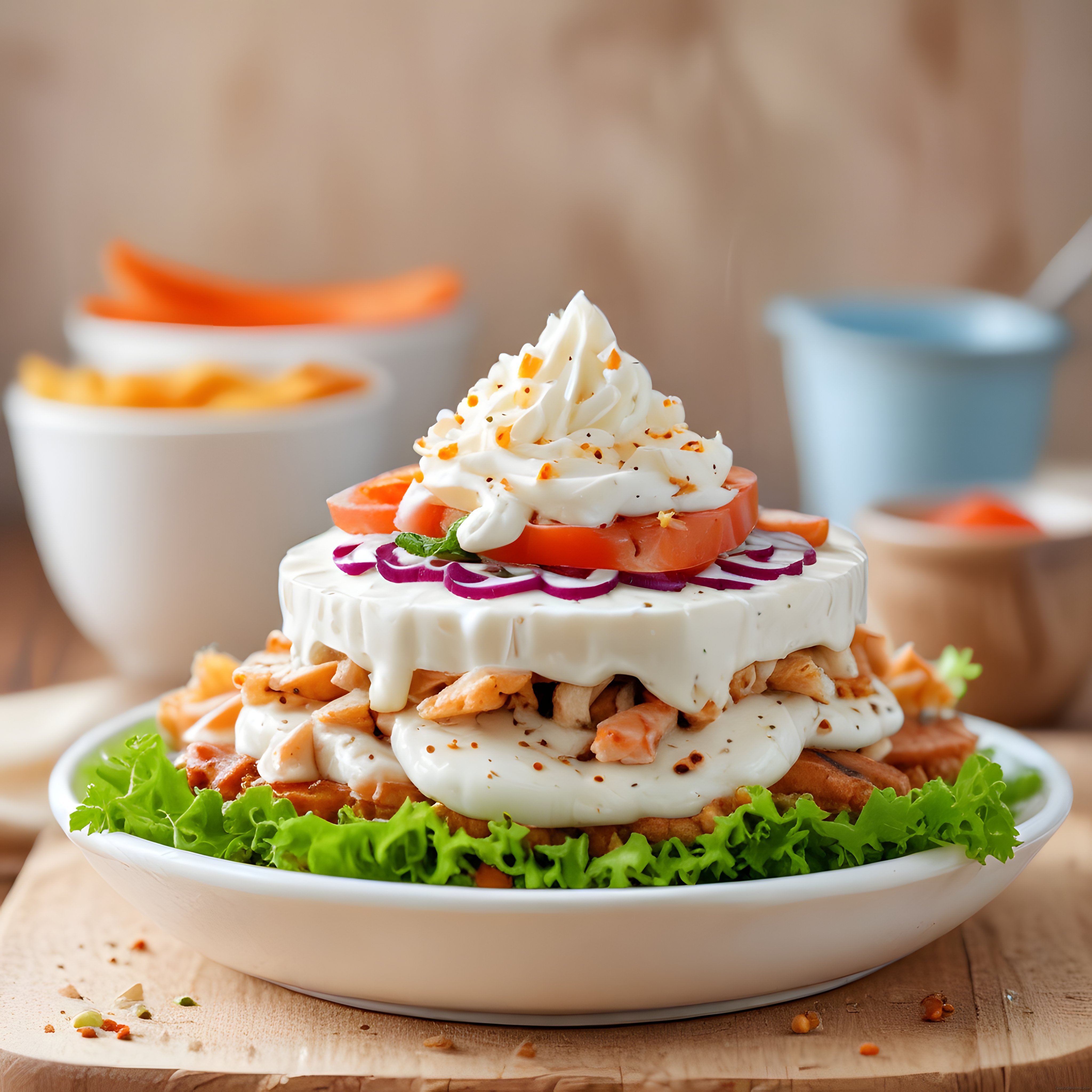 Katmanlı kahvaltı tabağı: yumurta peynir ve sebzelerle enfes brunch sunumu