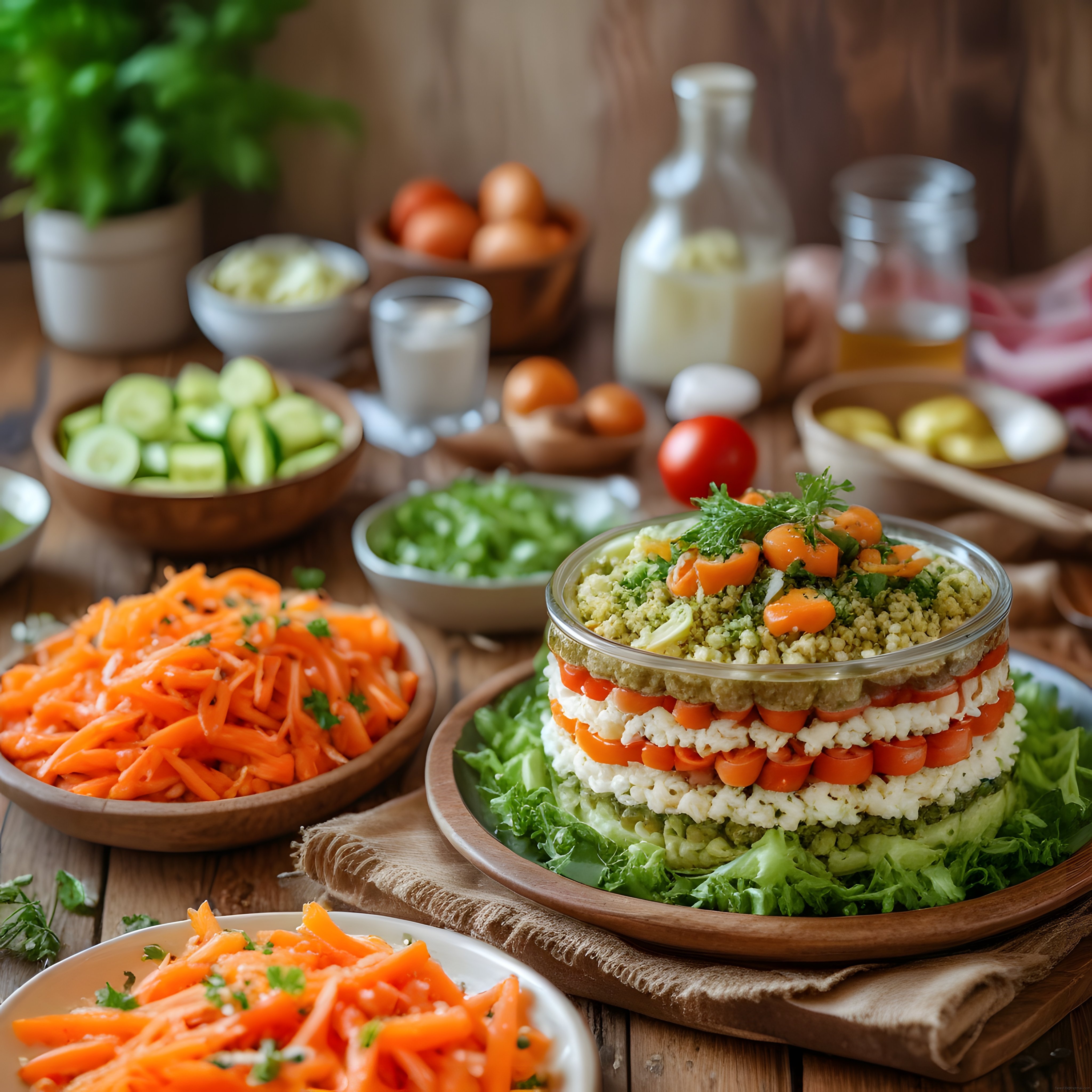 Katmanlı kuskus salatası ve taze sebze mezeleriyle rustik sofra hazırlığı