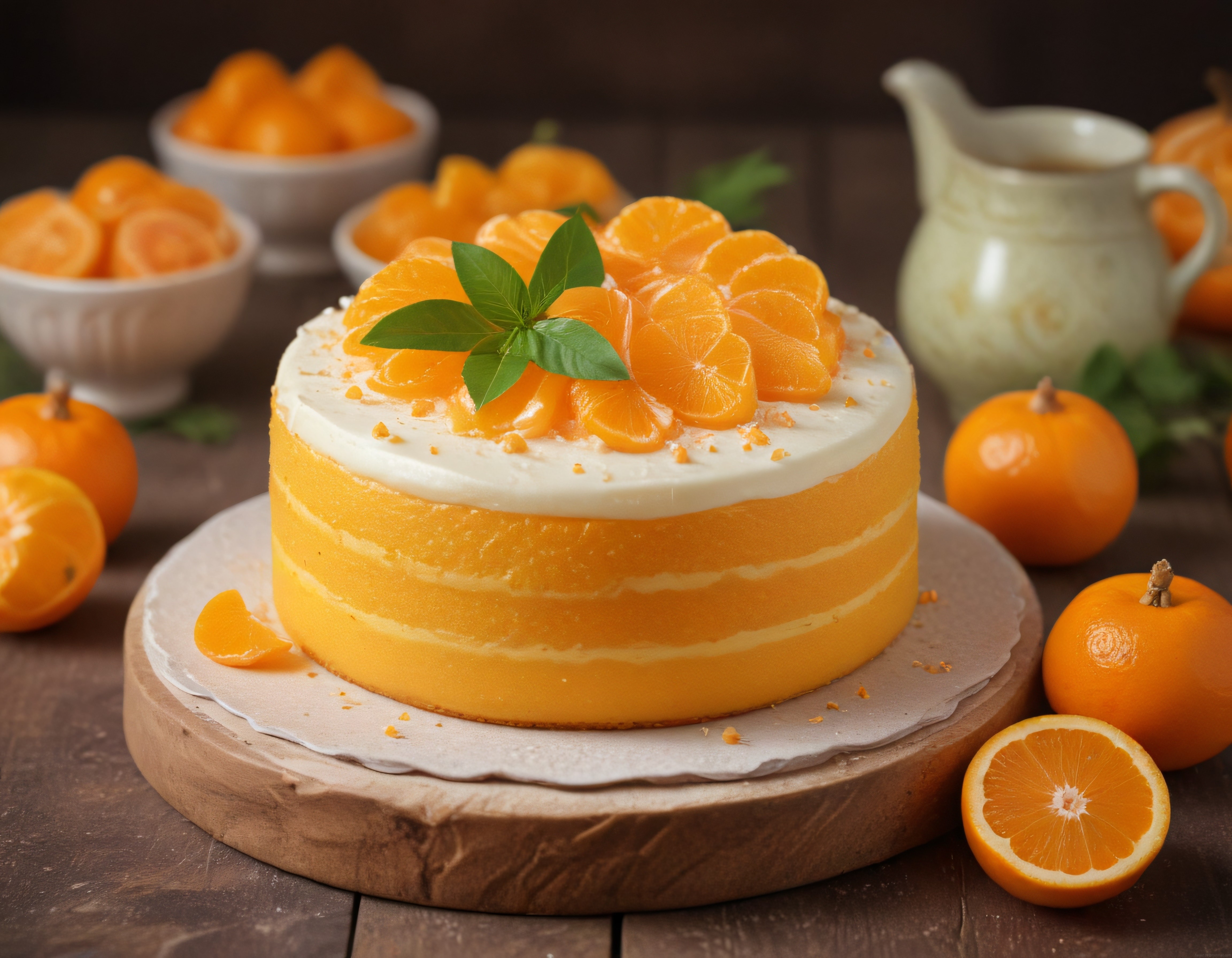 Katmanlı mandalina pastası, taze narenciye ve krema ile rustik sunum