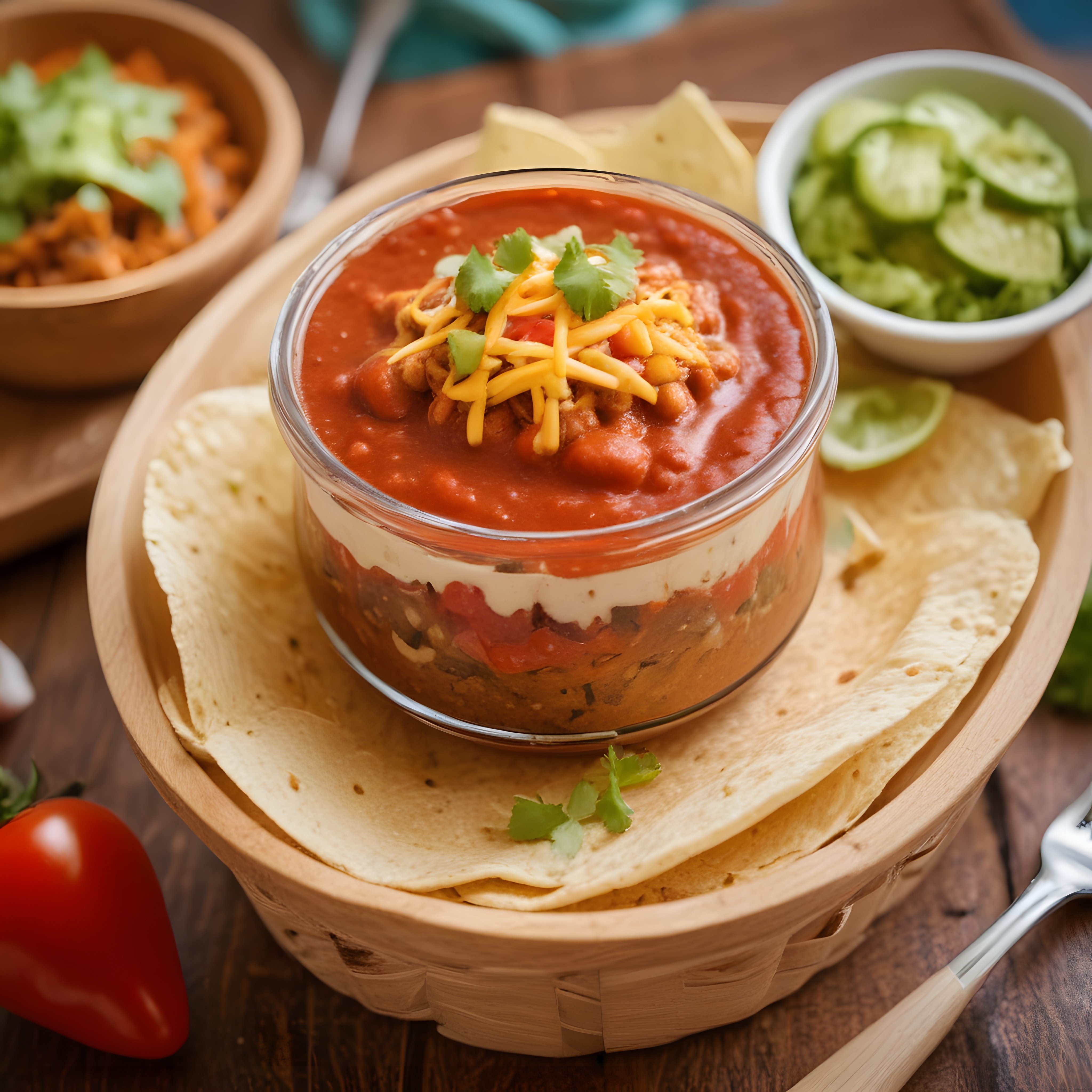 Katmanlı Meksika usulü fasulyeli salsa dip sos ve tortilla çipsi servisi