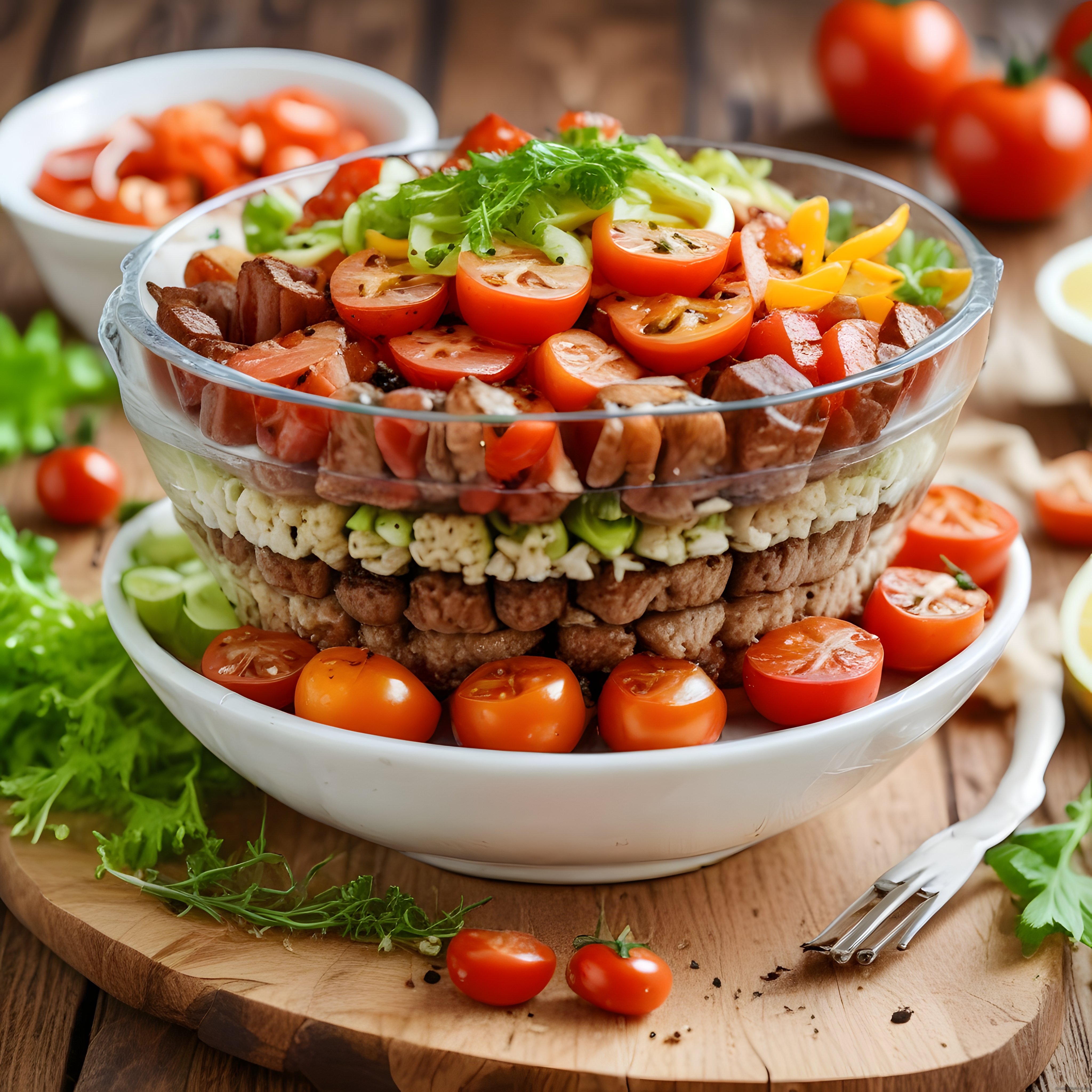 Katmanlı Salata Kasesi: Taze Domates, Biber ve Sosisli Sağlıklı Tarif