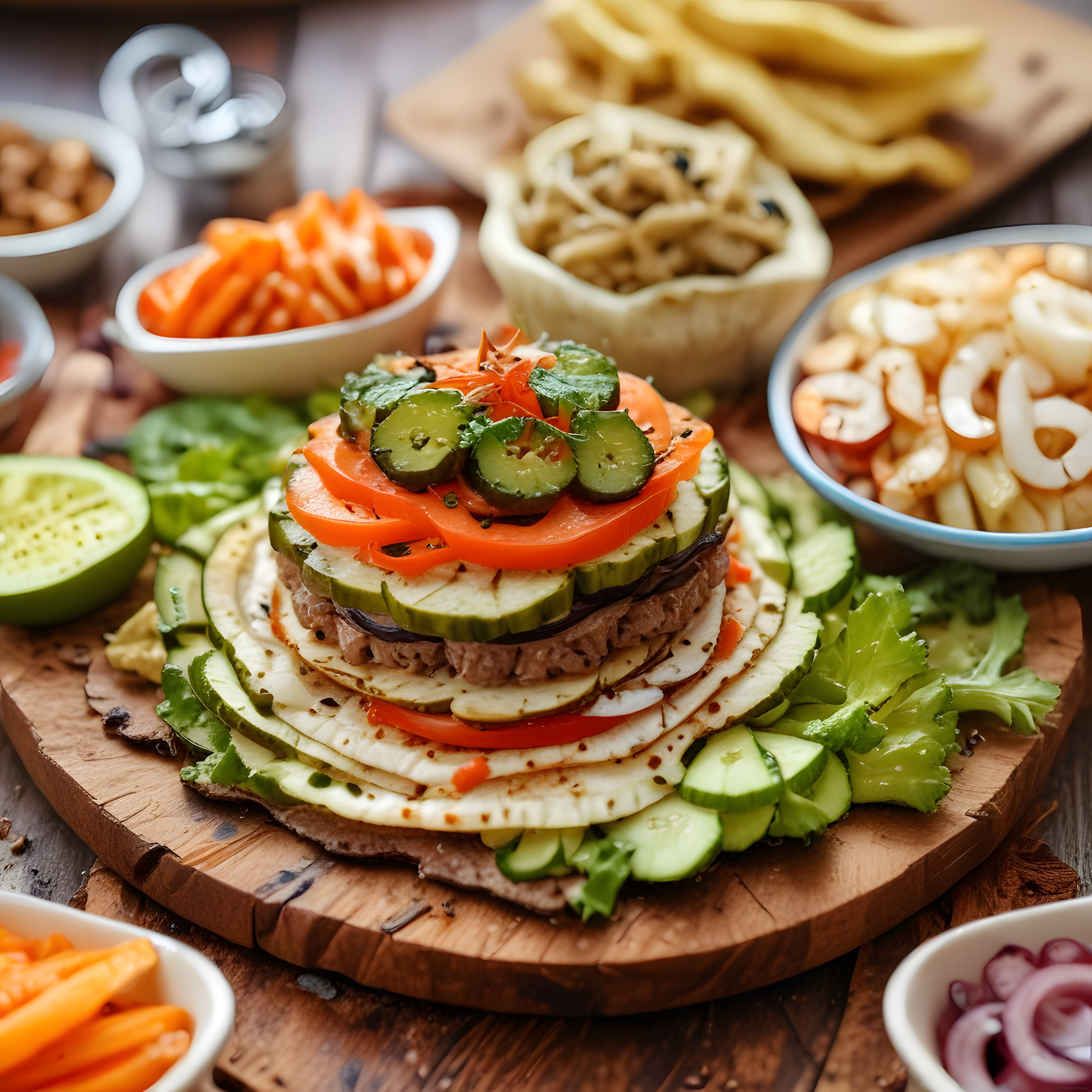 Katmanlı Sebzeli Burger ve Yan Lezzetlerle Şık Sofra Sunumu