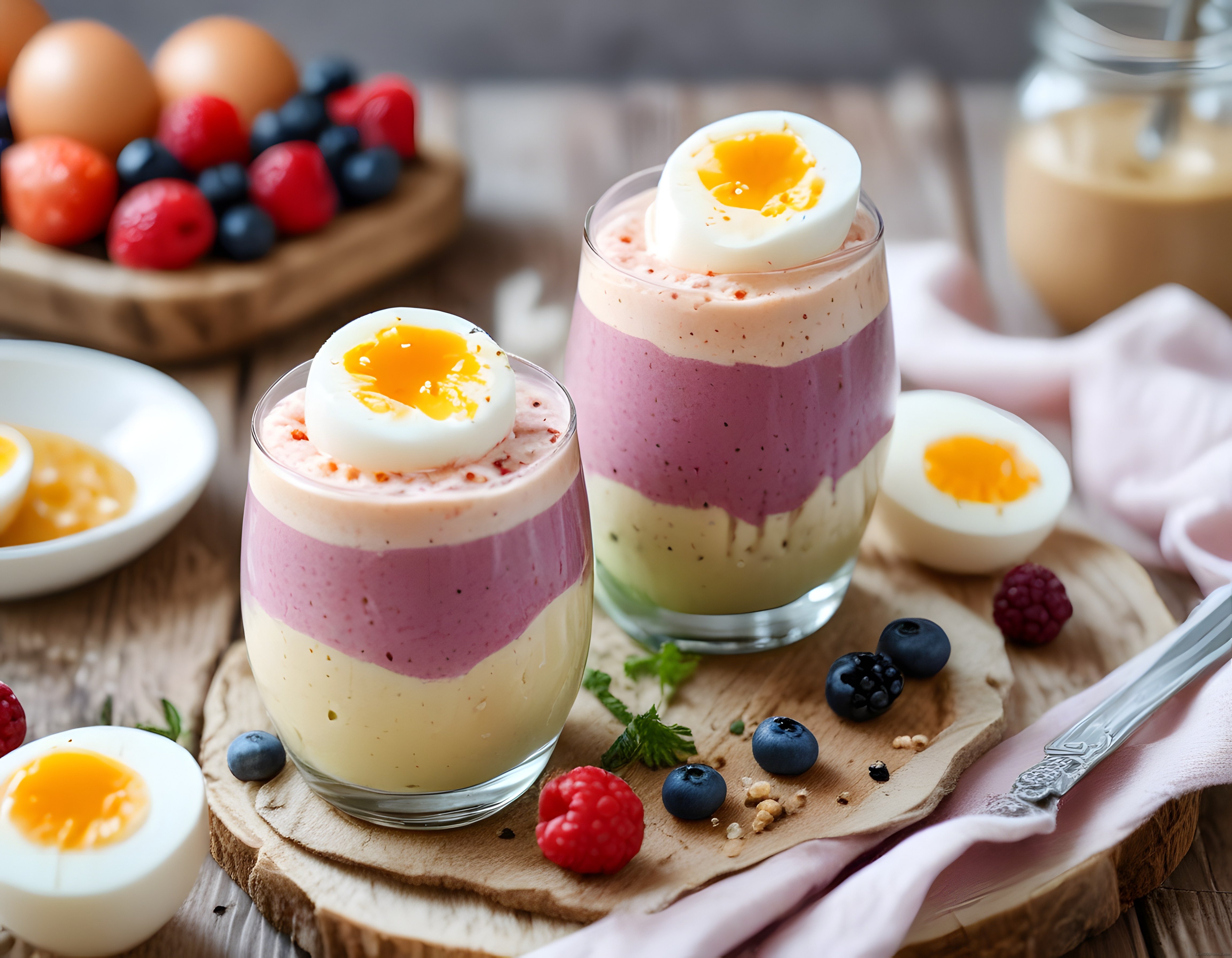 Katmanlı Smoothie ve Yarı Haşlanmış Yumurtalı Kahvaltı Sunumu