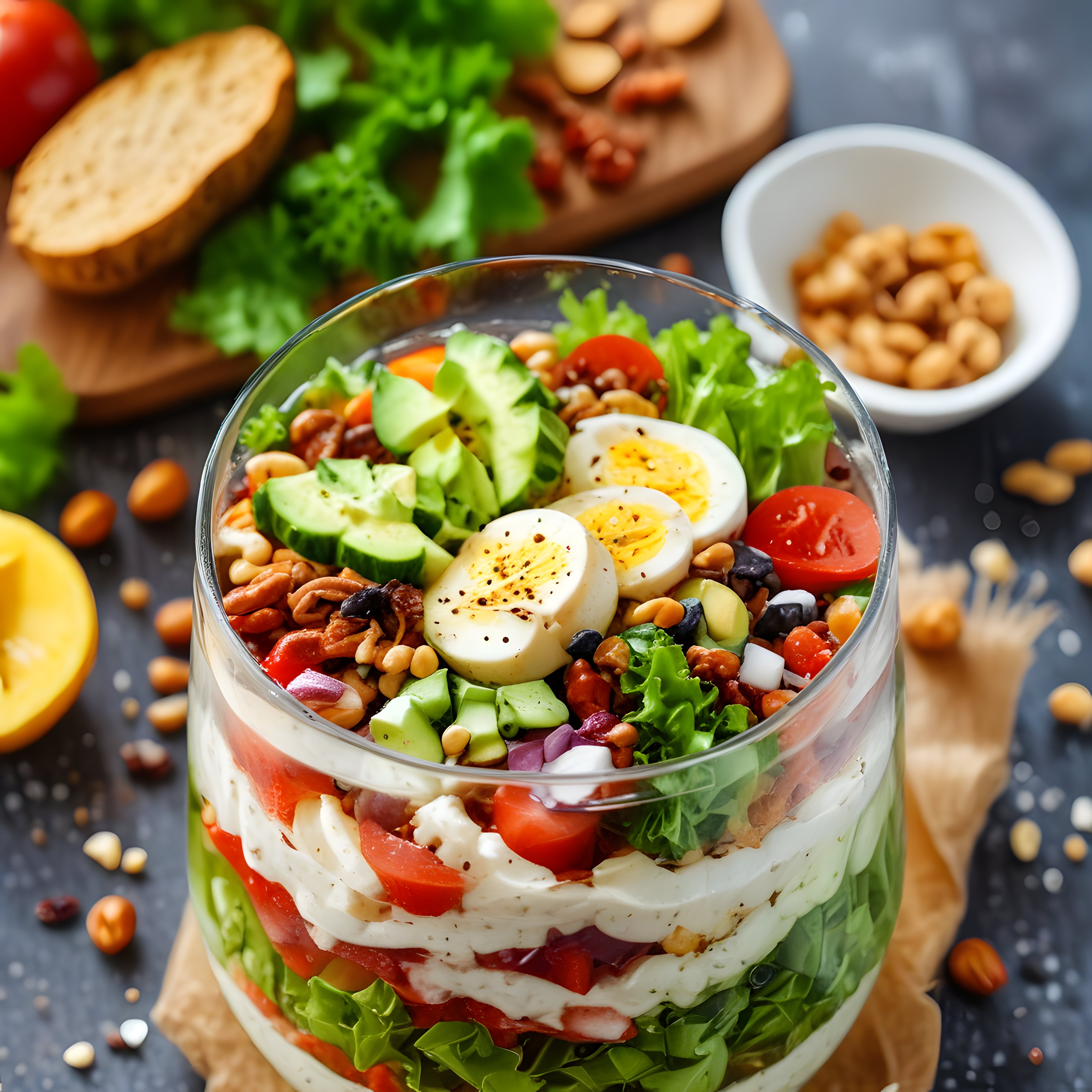 katmanlı taze salata kavanozunda sağlıklı ve doyurucu bir öğün hazırlama fikri