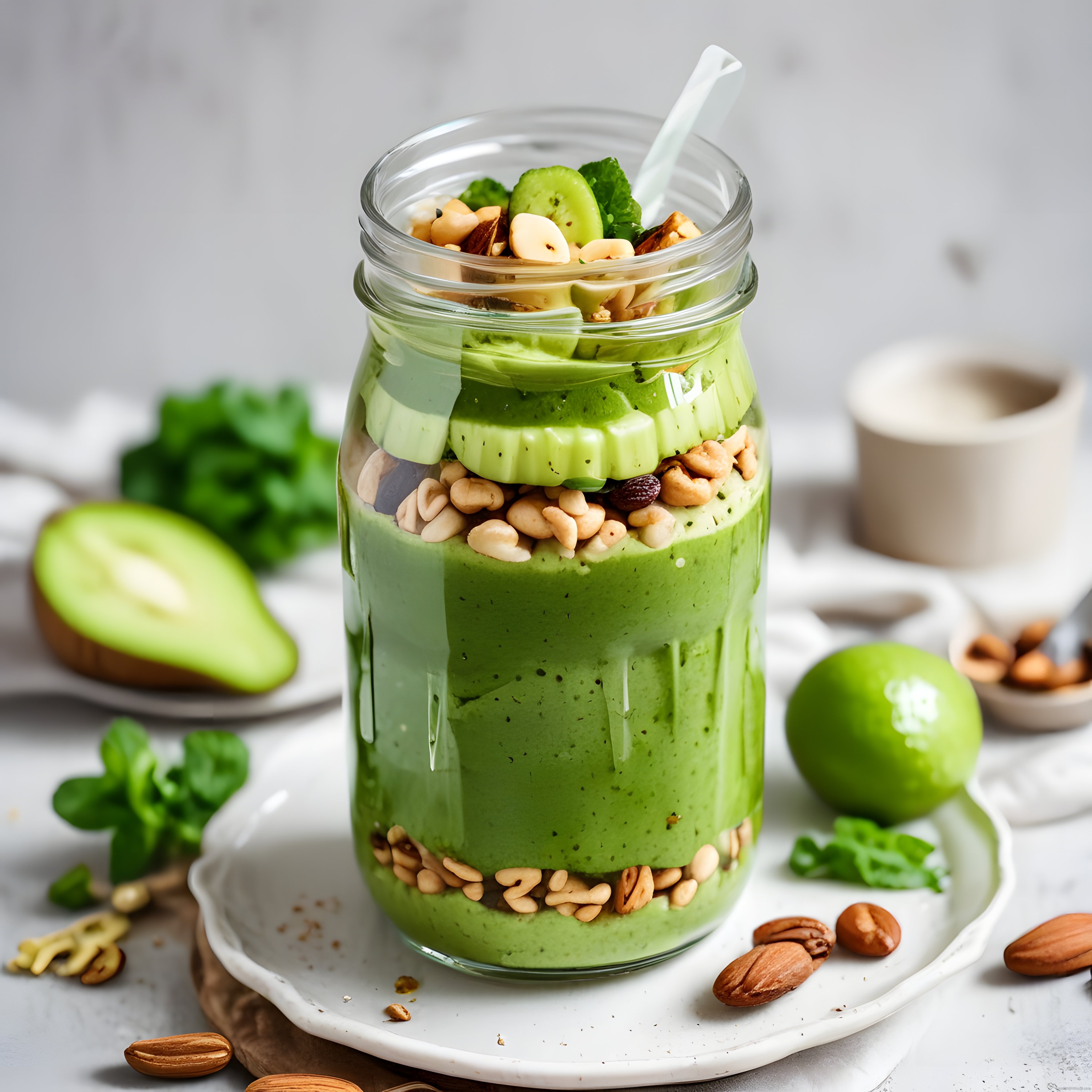 Kavanozda Ev Yapımı Avokadolu Ispanaklı Yeşil Smoothie ve Kuruyemiş Süslemesi