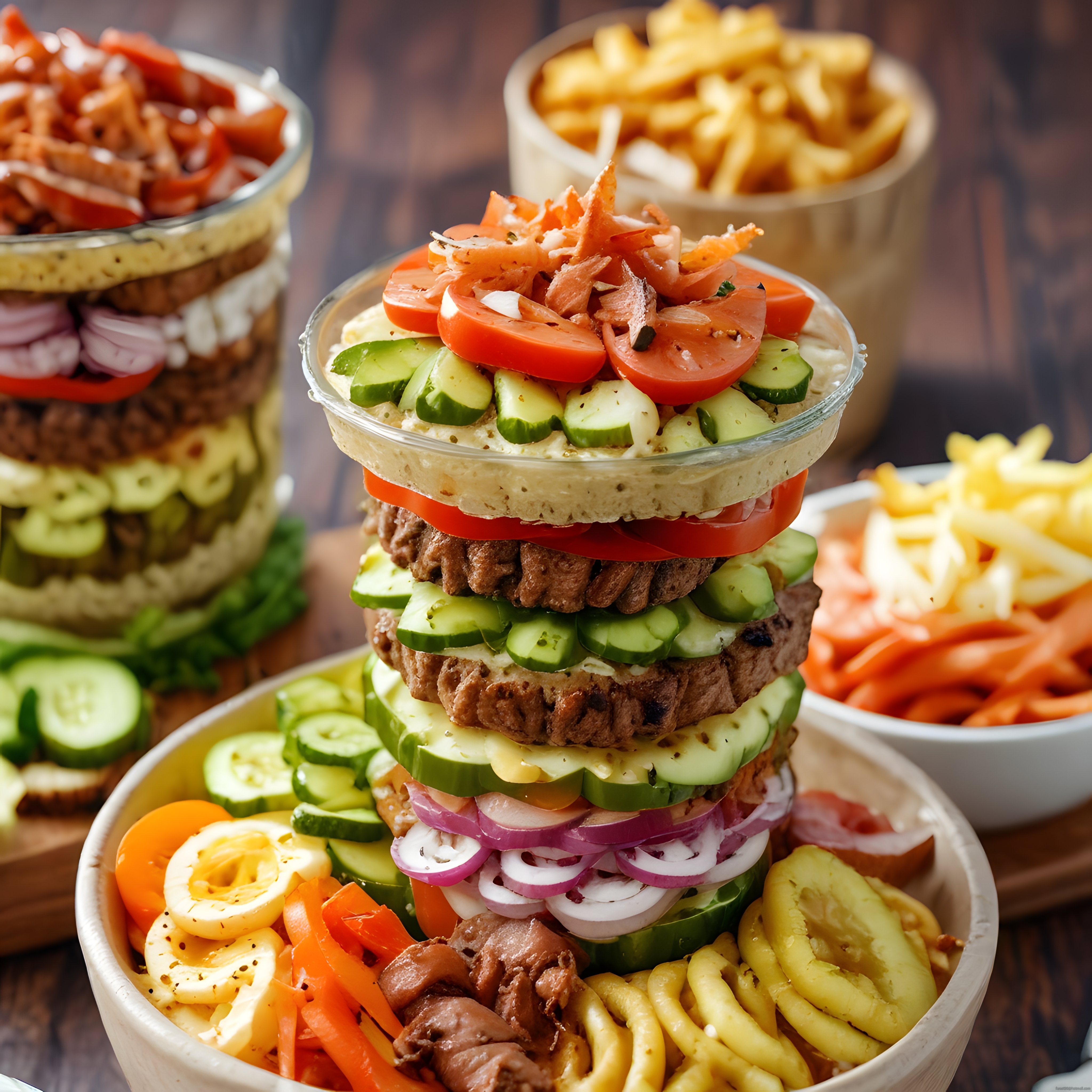 Kavanozda katmanlı et ve sebze salatası, çıtır patates kızartmasıyla birlikte