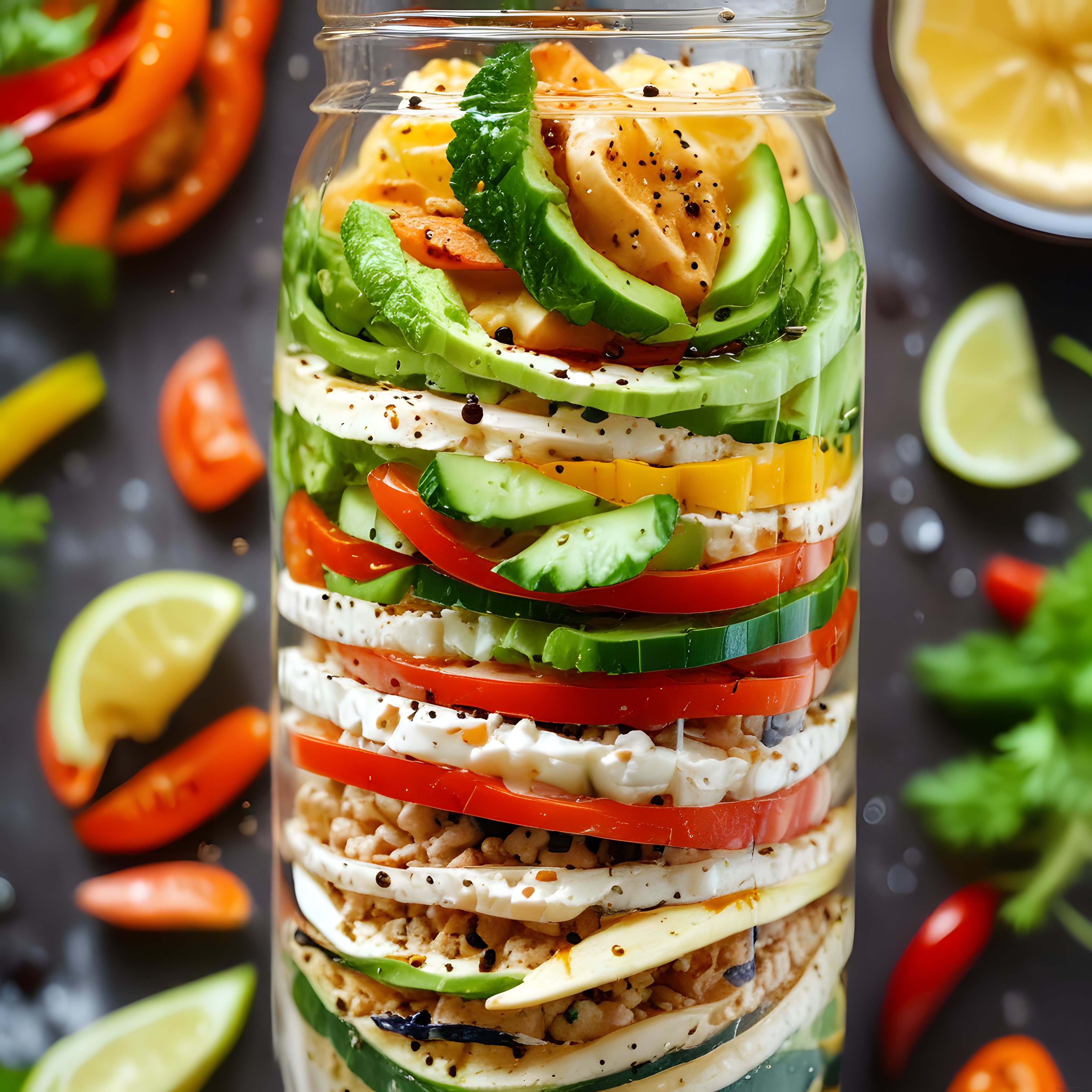 Kavanozda Katmanlı Sağlıklı Salata: Renkli Sebzeler ve Protein Dolu Lezzet