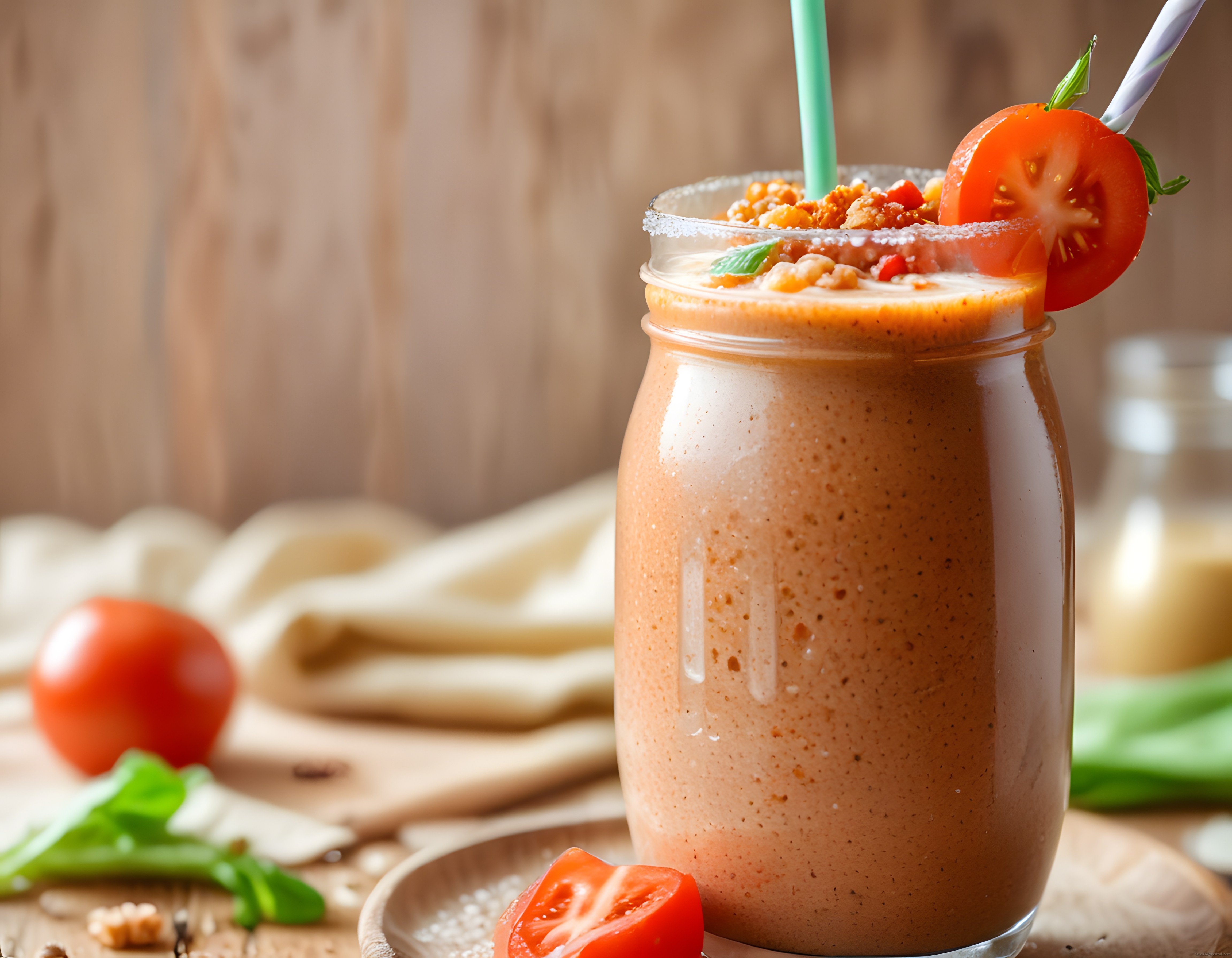 Kavanozda Taze Domates Smoothie ve Gazpacho Tarzı Sağlıklı İçecek Sunumu