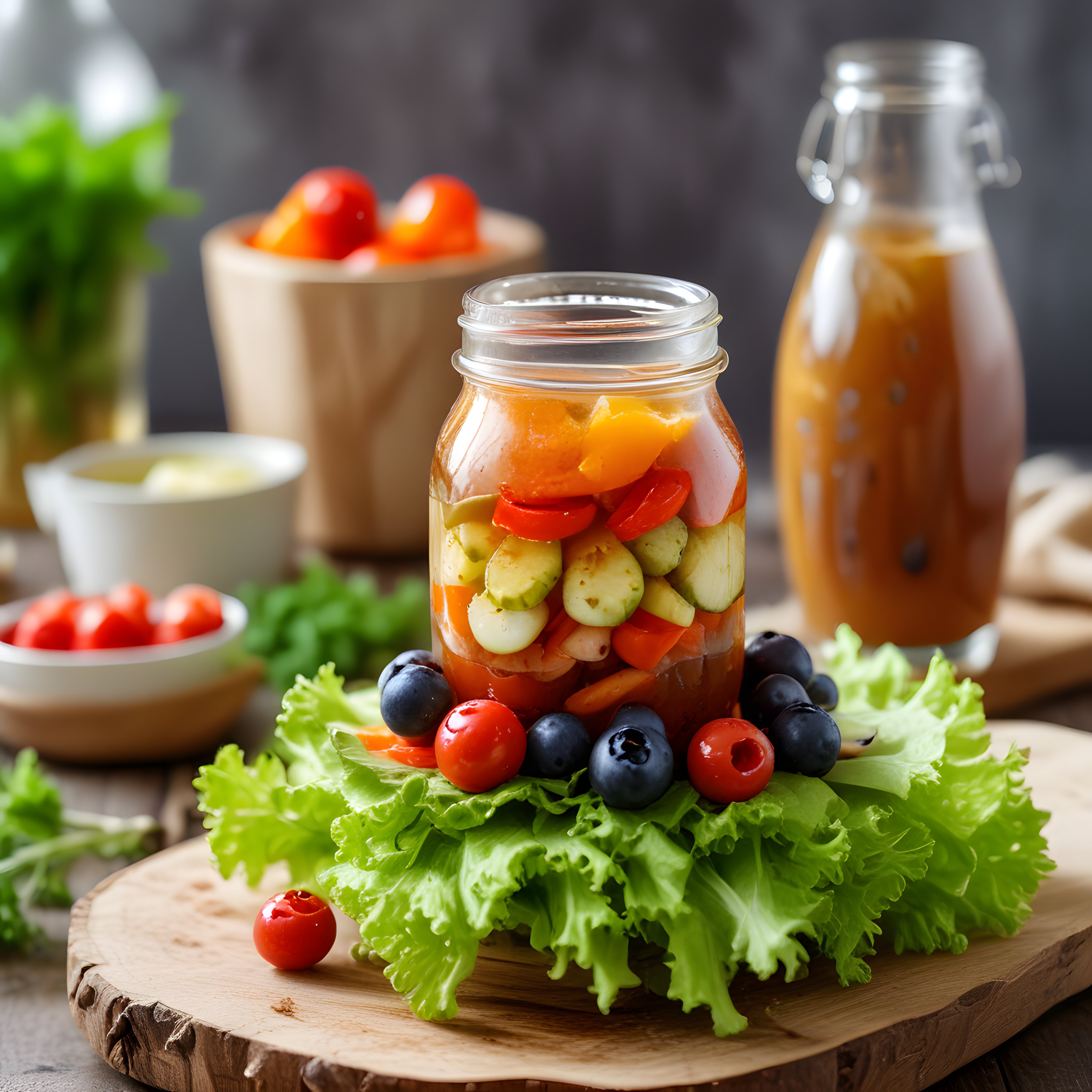 Kavanozda Taze Sebze Salatası ve Ev Yapımı Sos ile Rustik Mutfak Sunumu