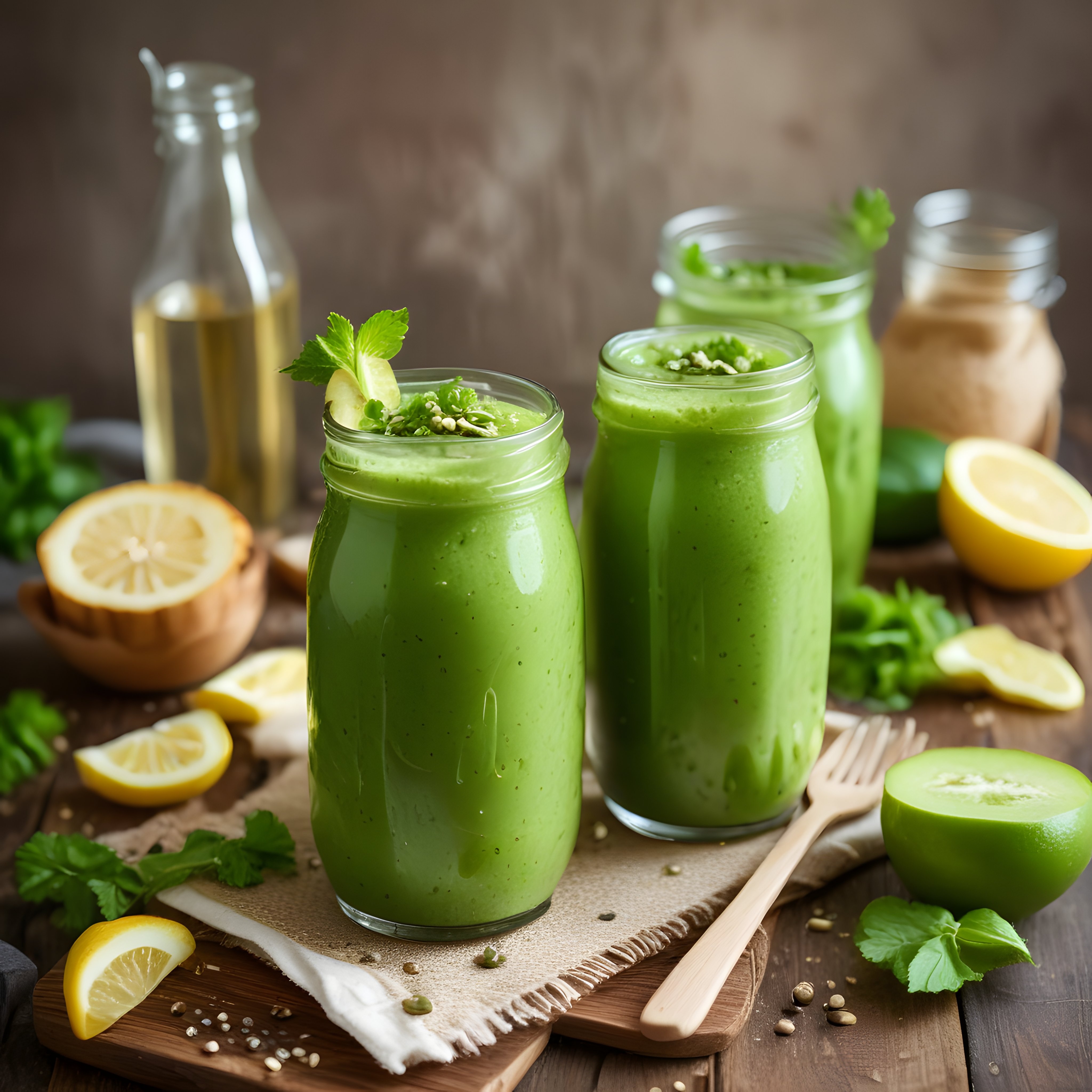 Kavanozda Taze Yeşil Detoks Smoothie ve Limonlu Sağlıklı İçecek Tarifi