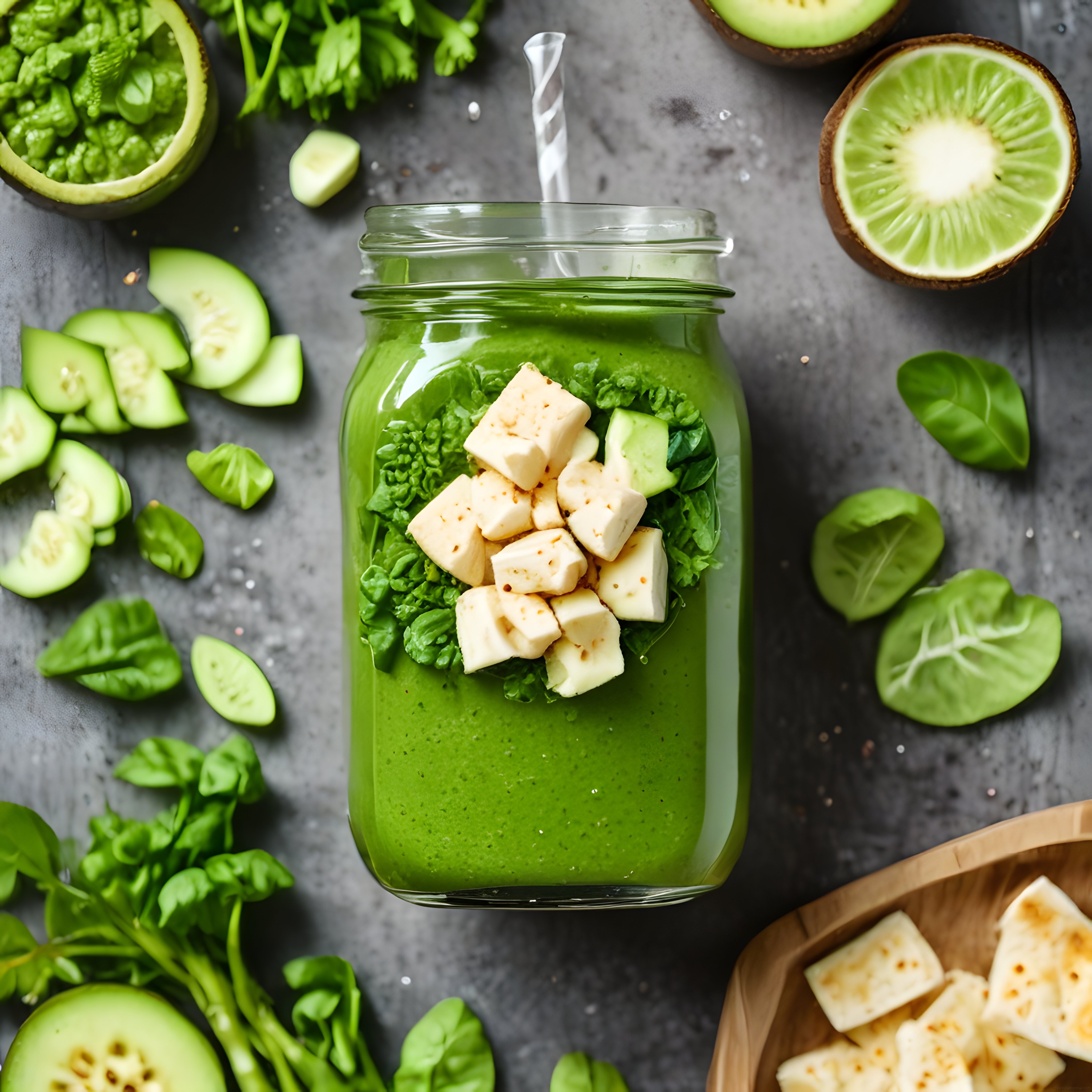 Kavanozda Yeşil Detox Smoothie ve Peynirli Sağlıklı Beslenme Konsepti