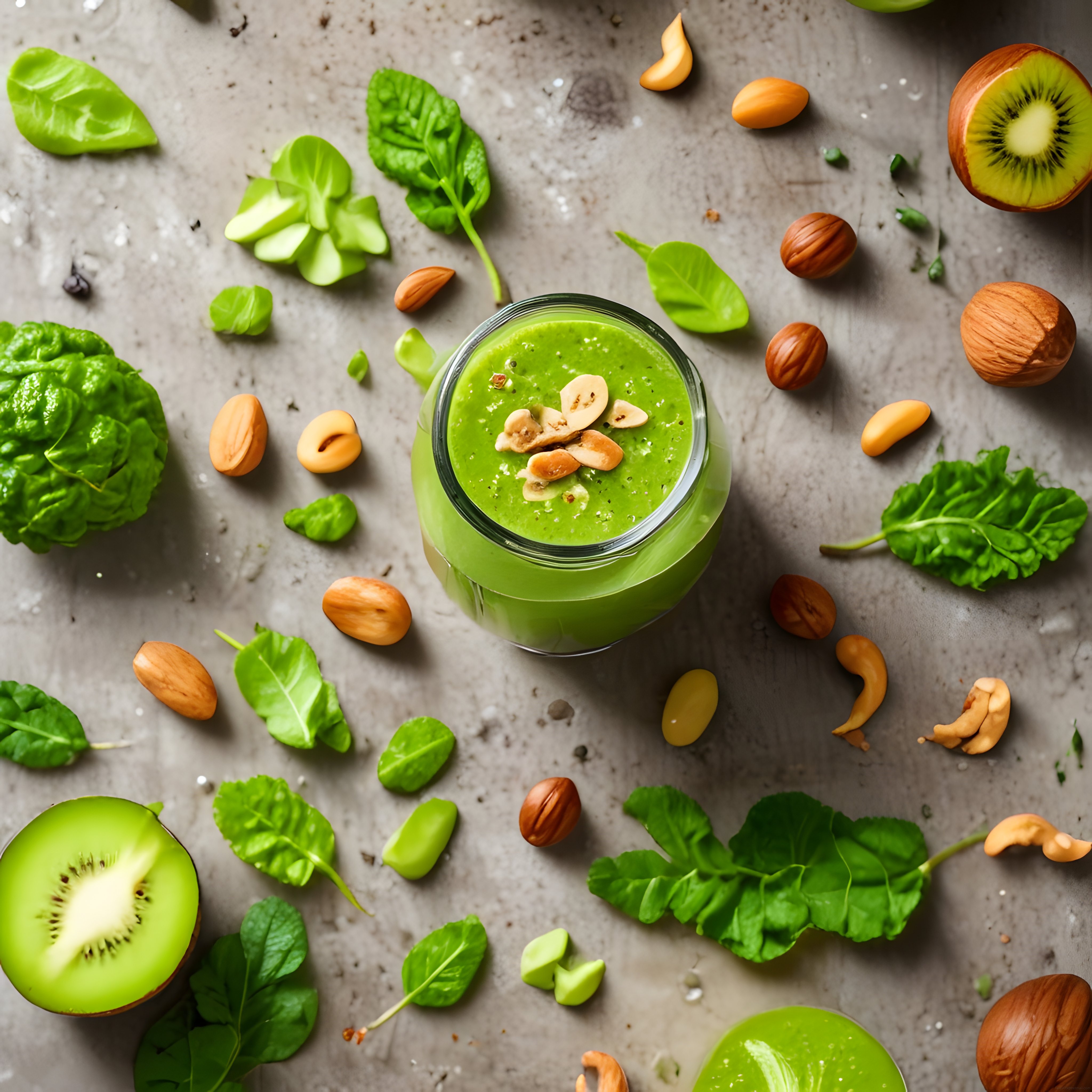 Kavanozda yeşil smoothie ve etrafında taze ıspanak, kivi, fındık ve avokado