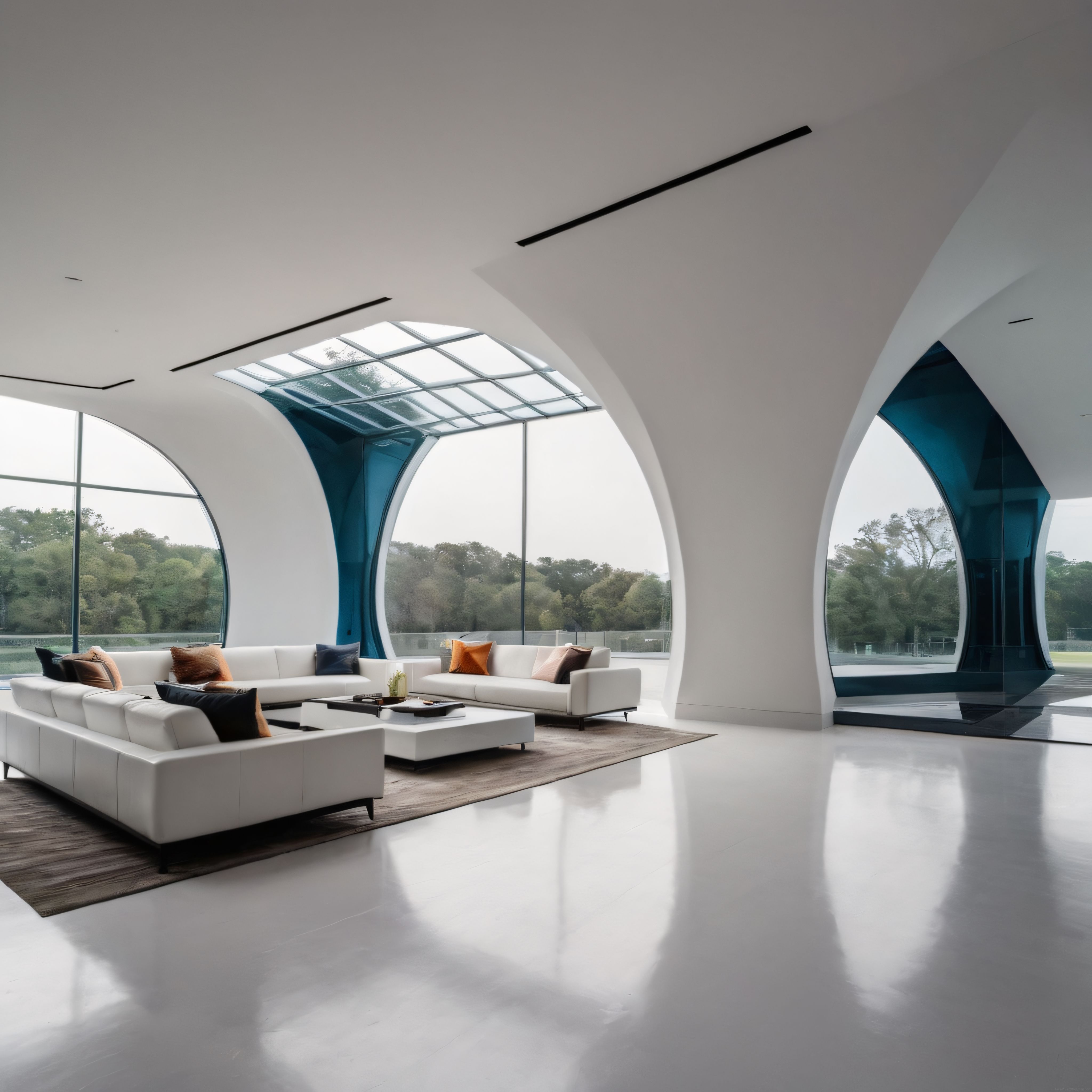 Kavisli beyaz duvarlı, mavi camlı detaylı modern bir oturma odası