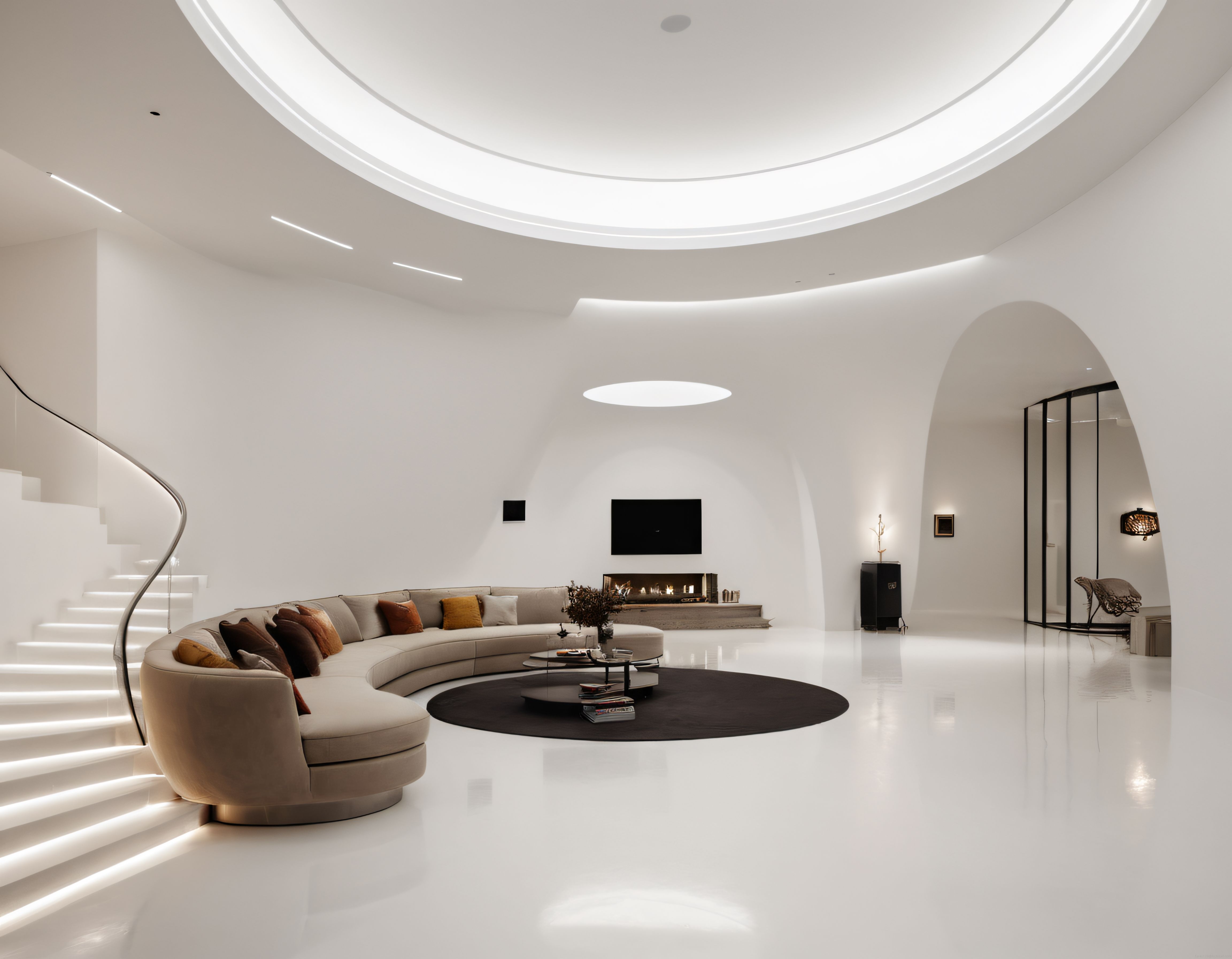 Kavisli Çizgilerle Tasarlanmış Lüks Minimalist Beyaz Salon Dekorasyonu