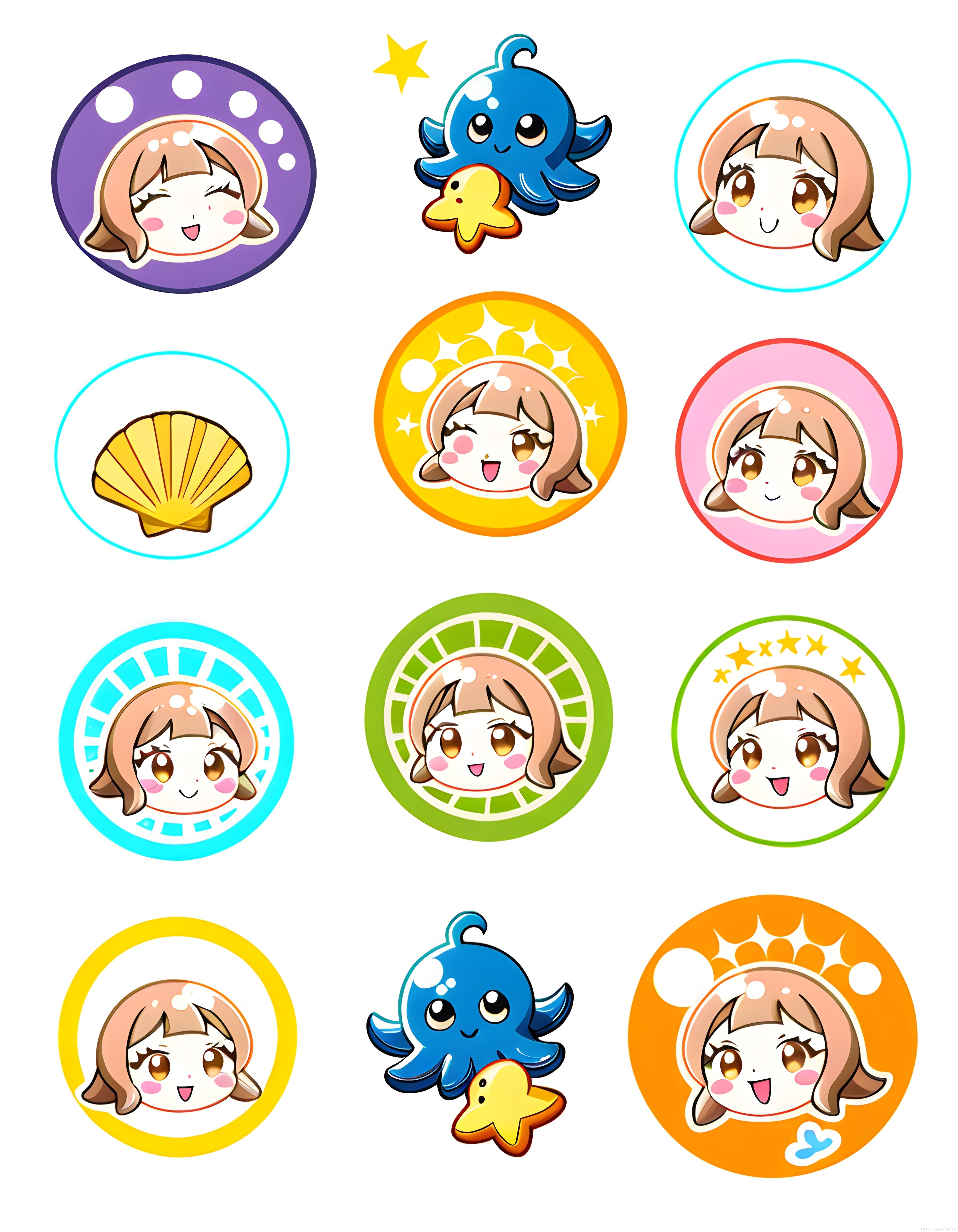 Kawaii Anime Kız Avatarları ve Deniz Temalı Sevimli Dijital Sticker Seti