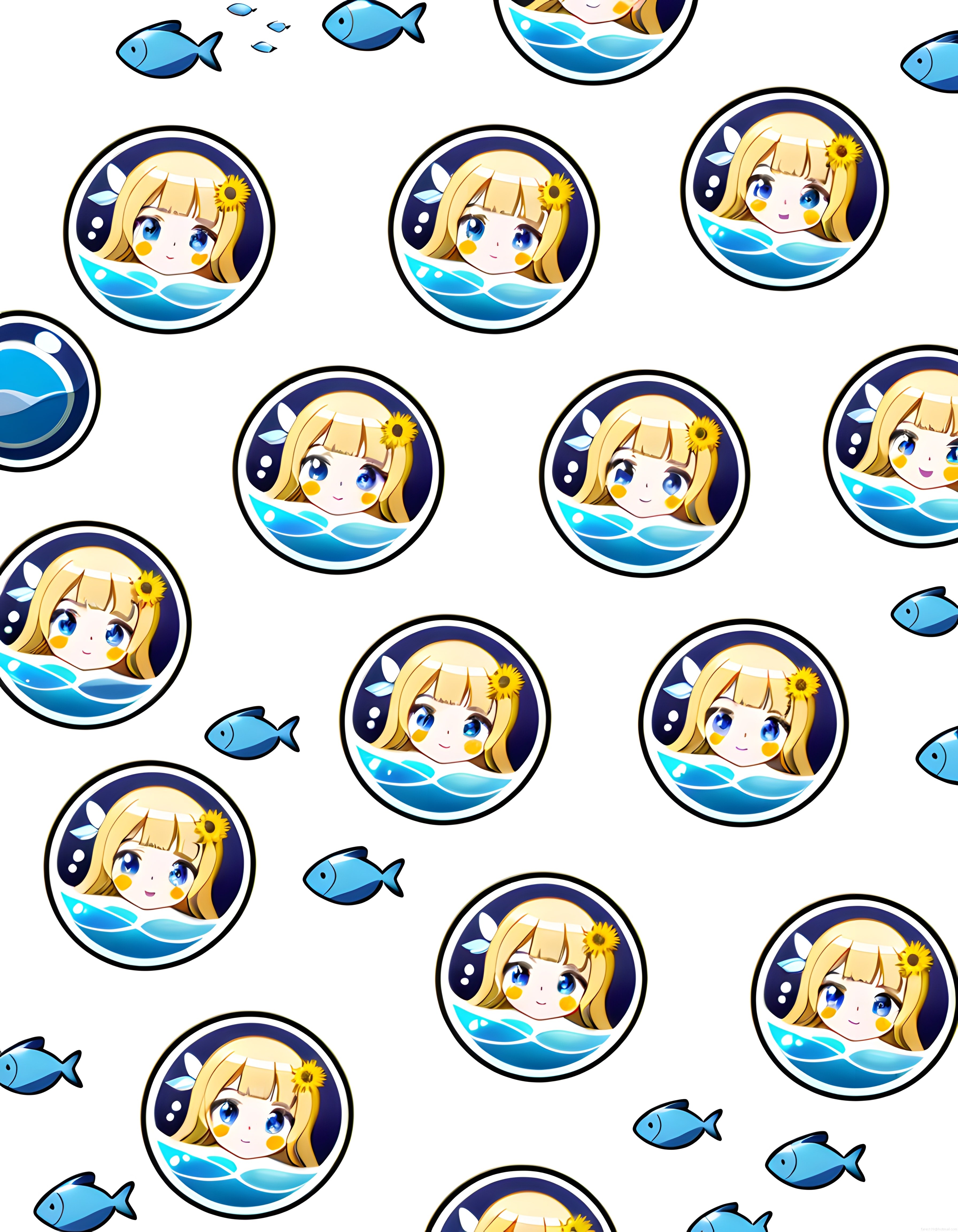 Kawaii Anime Kız ve Mavi Balıkların Beyaz Zeminde Tekrarlayan Dijital Deseni