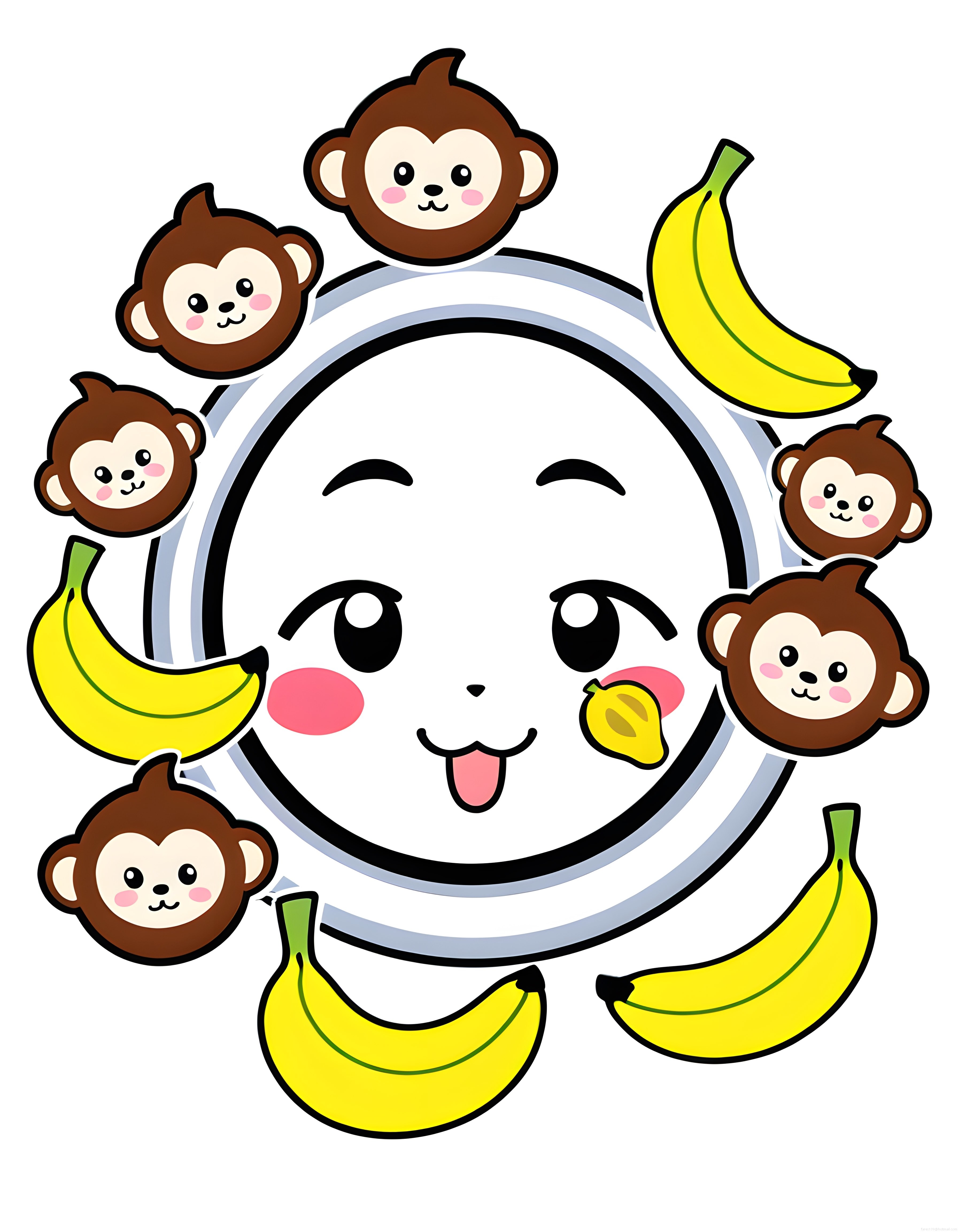 kawaii anime kız ve sevimli maymun arkadaşlarıyla muzlu eğlenceli çizim
