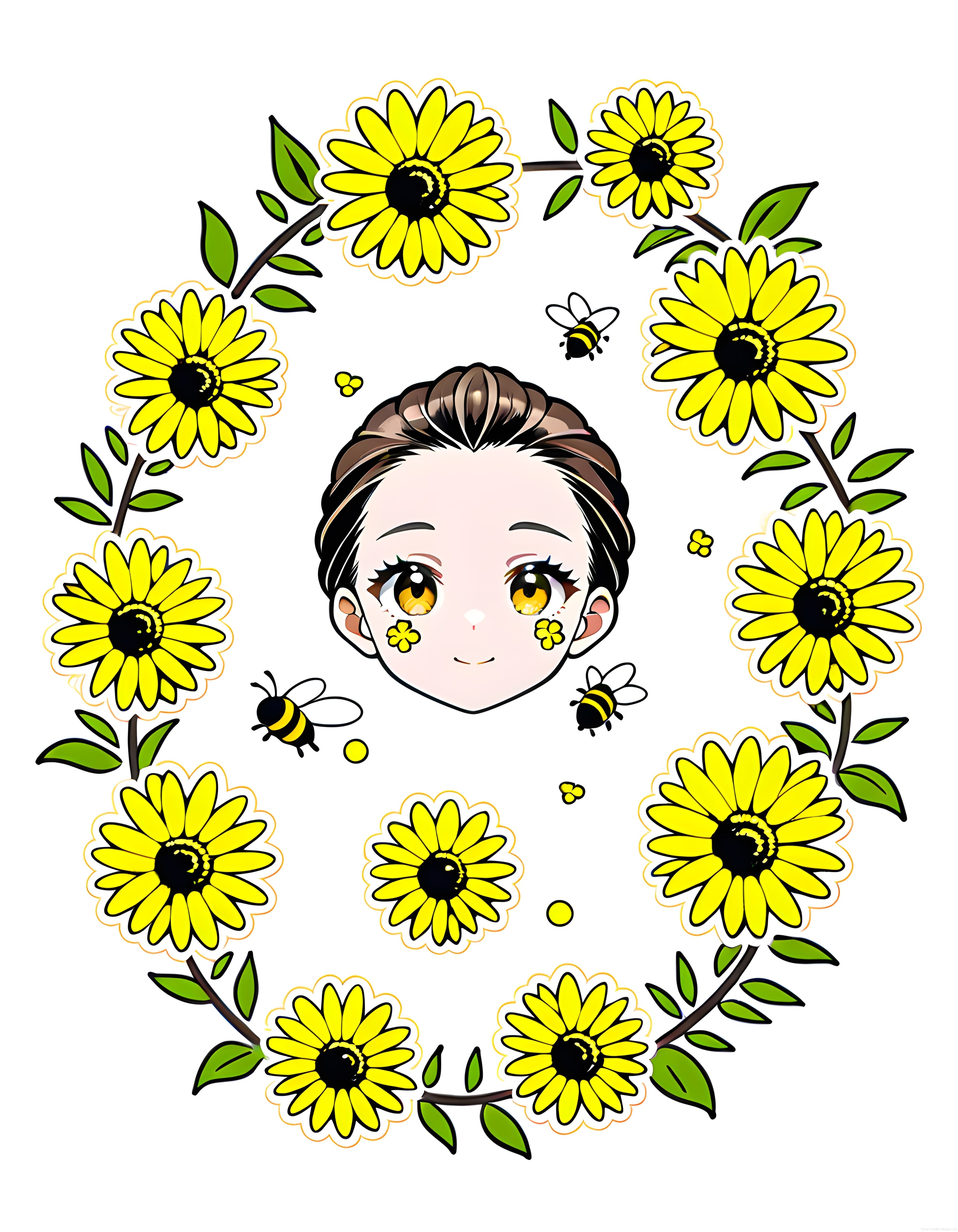 Kawaii anime kız yüzü, papatya çelengi ve arılarla renkli dijital illüstrasyon