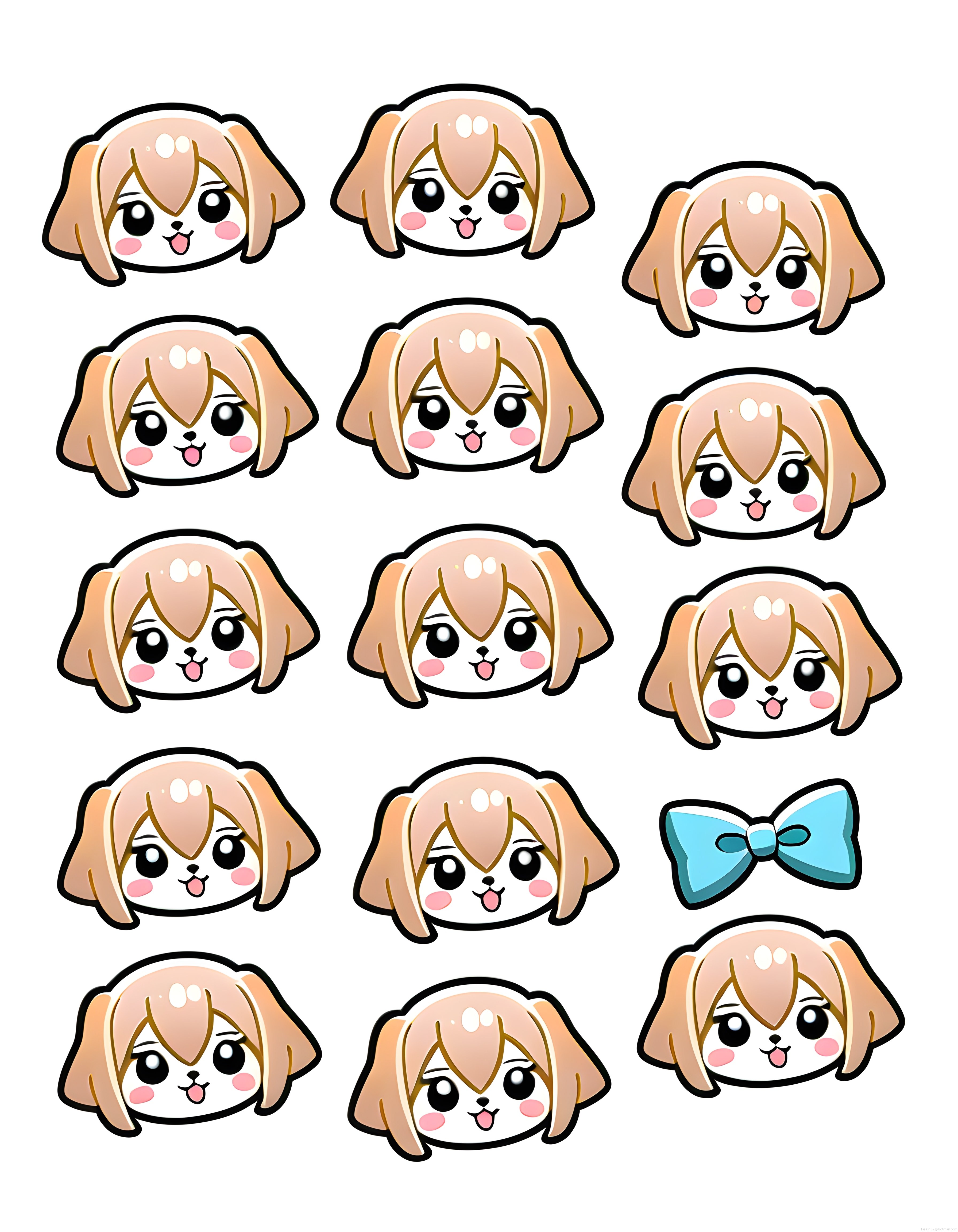 Kawaii anime köpek kız karakteri sticker seti ve sevimli mavi kurdele çizimi