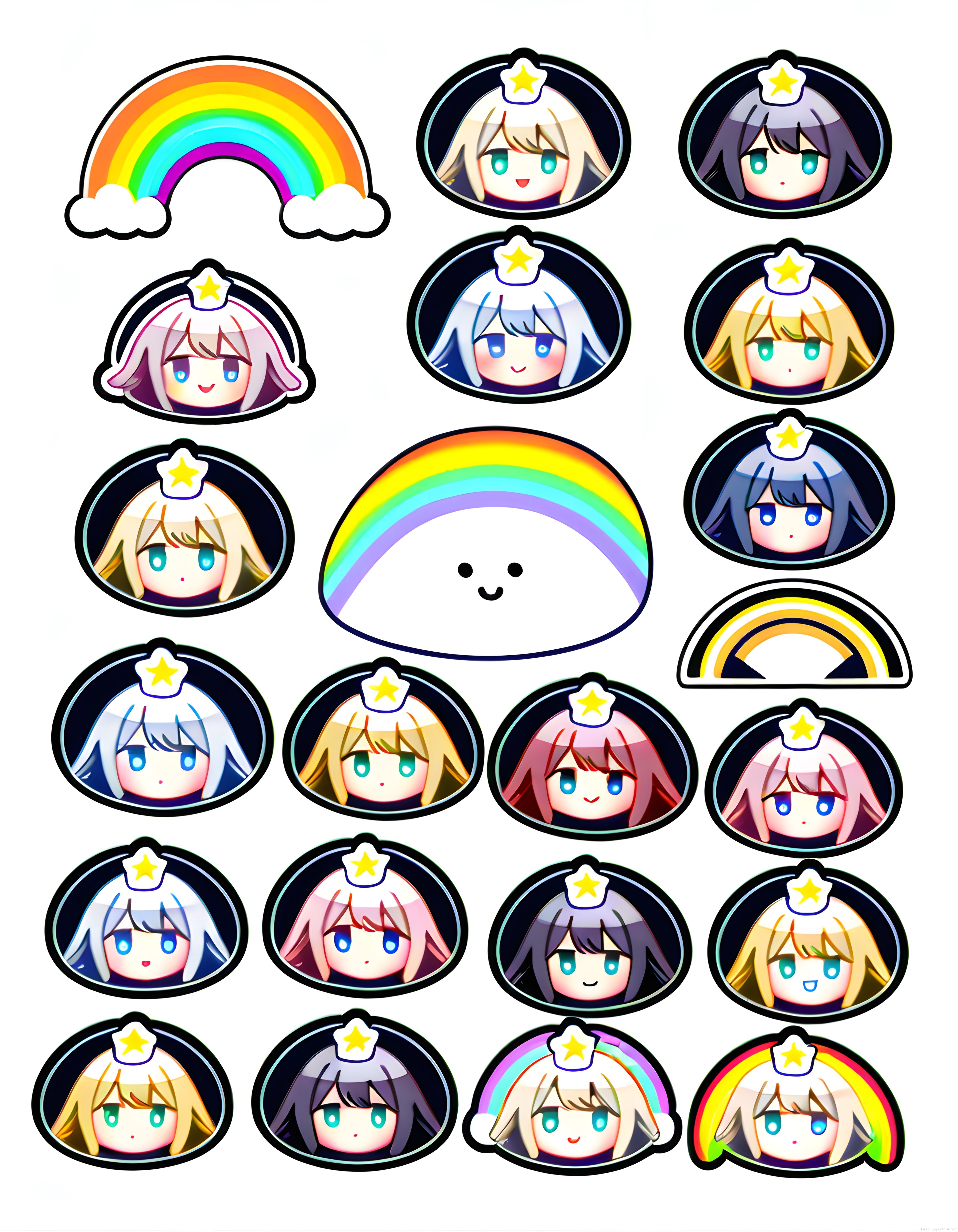 Kawaii Anime Sticker Koleksiyonu: Chibi Karakterler ve Gökkuşağı Rozetleri