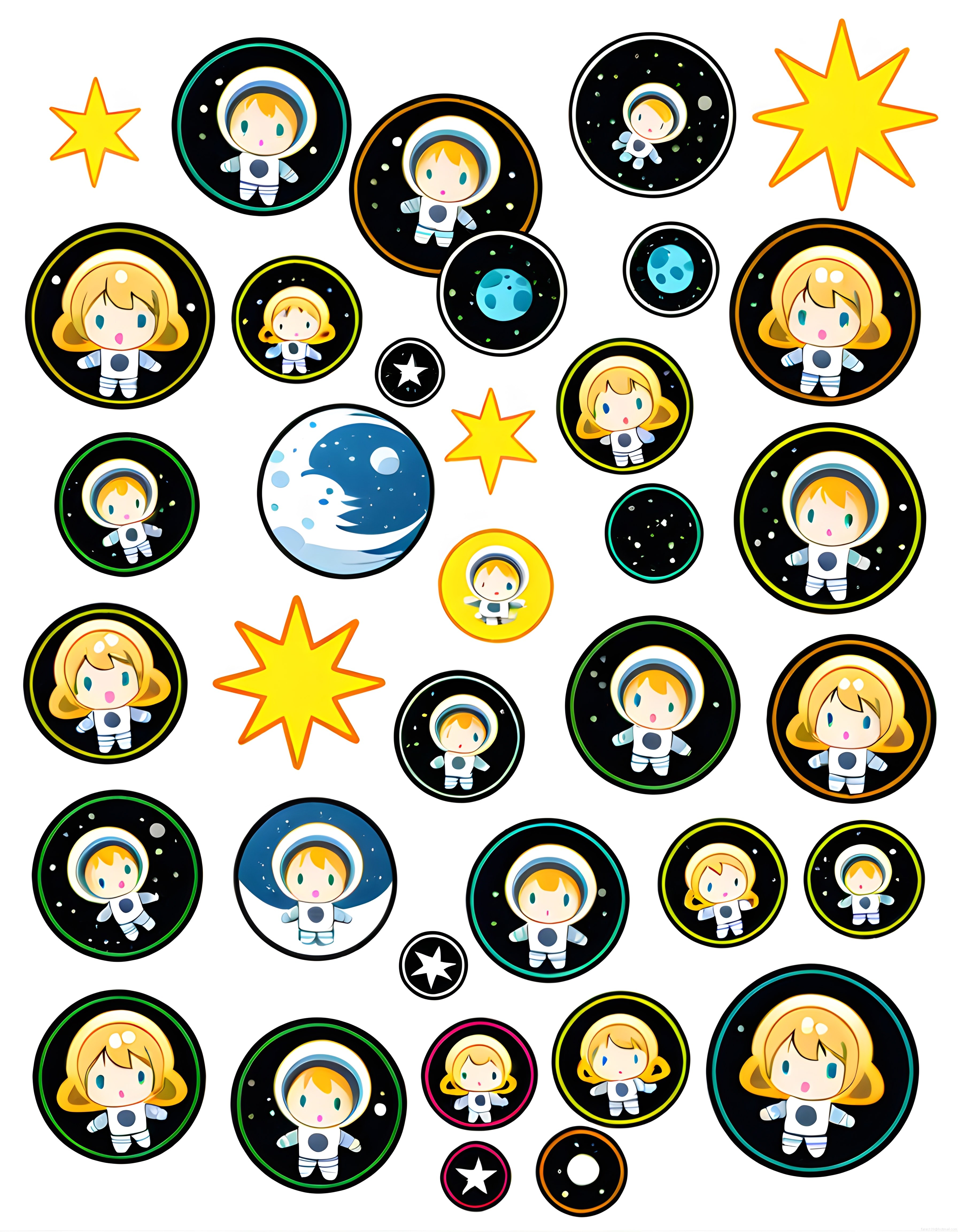 Kawaii Astronot Sticker Koleksiyonu, Sevimli Uzay Karakterleri ve Gezegenler