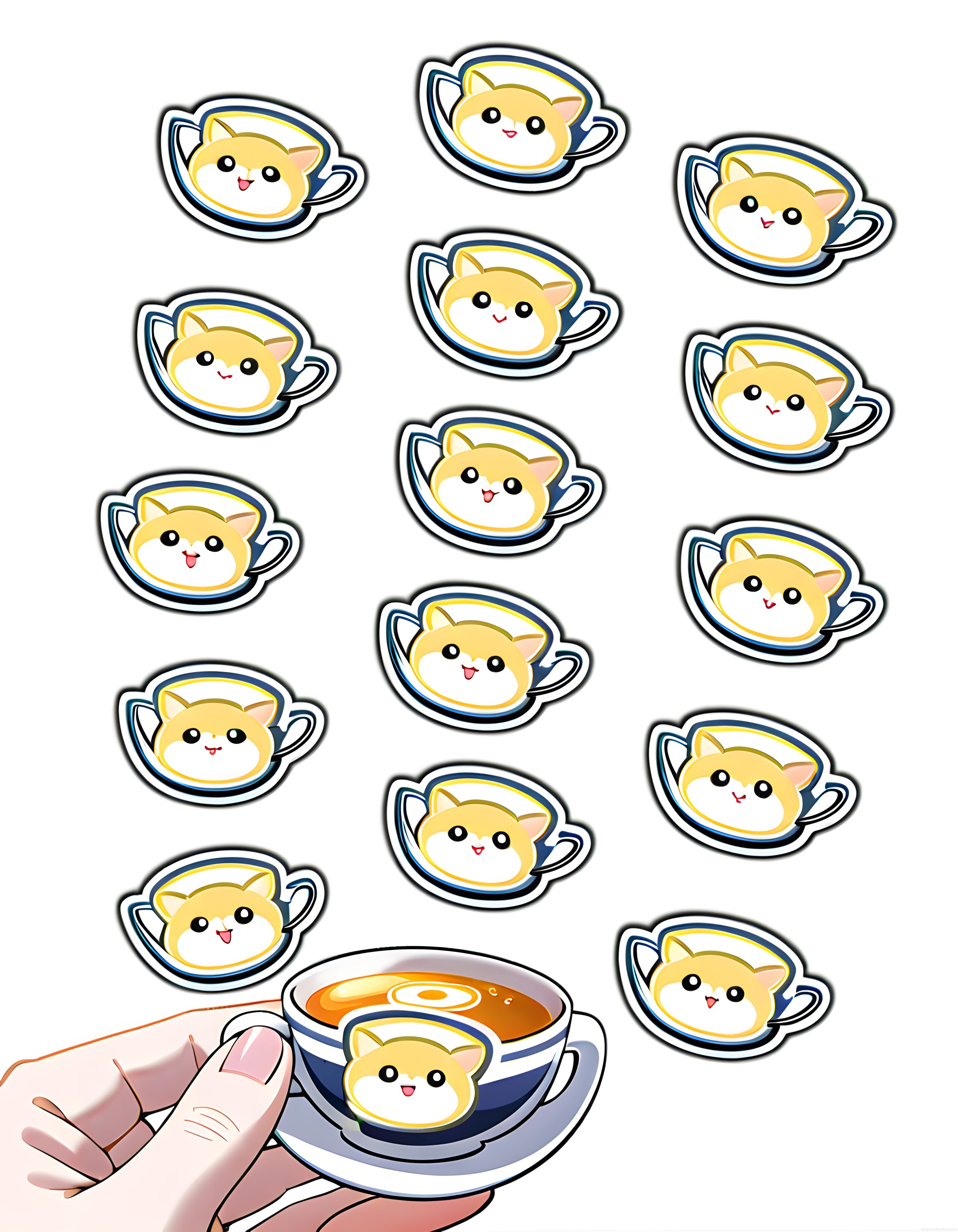 Kawaii Çay Fincanı İçinde Sevimli Sarı Kedi Sticker Seti ve Sıcak İçecek