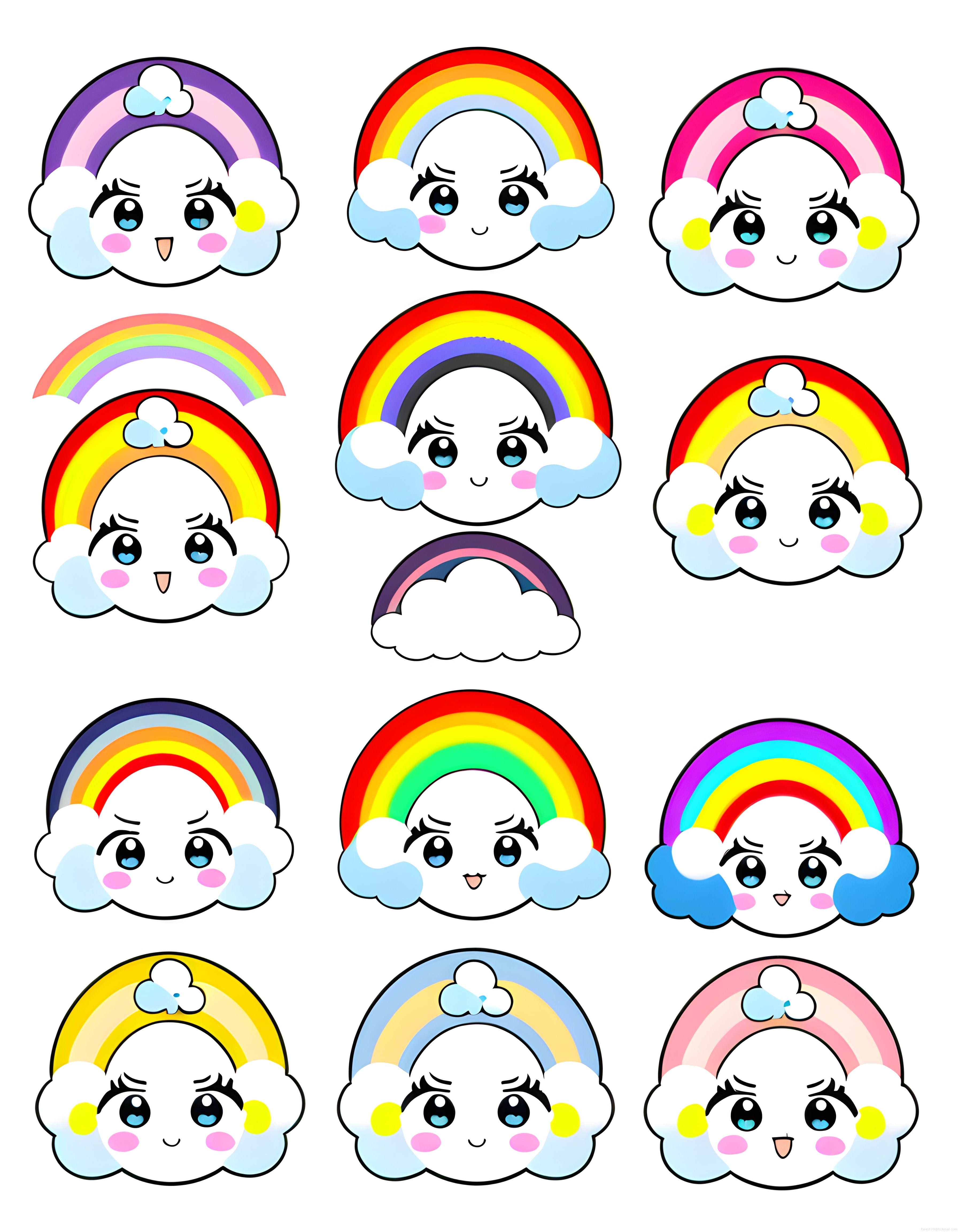 Kawaii Gökkuşağı Bulutları: Sevimli Karakter Sticker ve Duygu İfadeleri Seti