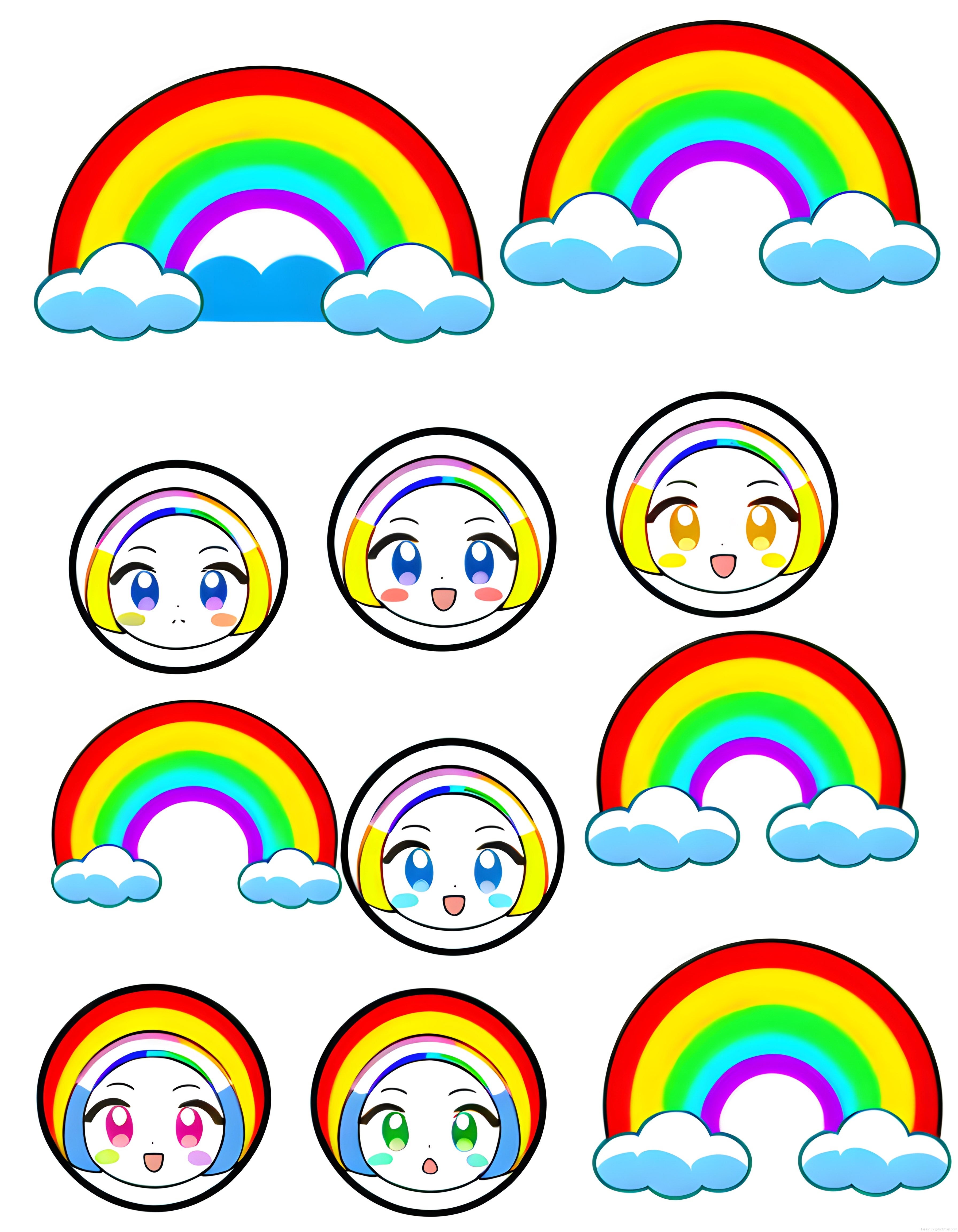 Kawaii Gökkuşağı Karakterleri ve Sevimli Bulutlar Animasyon Sticker Seti