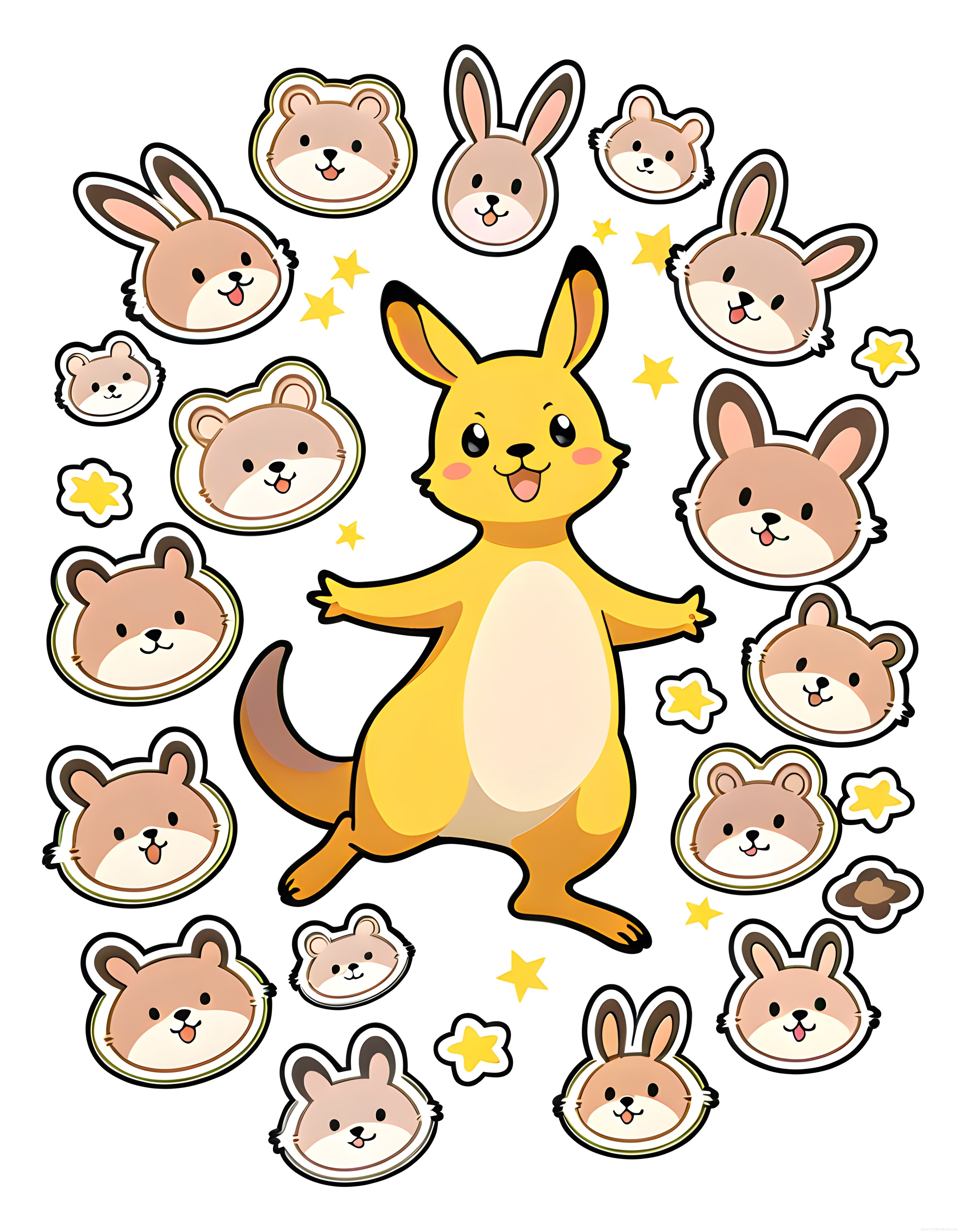 kawaii kanguru ve sevimli hayvan yüzlerinden oluşan renkli sticker seti