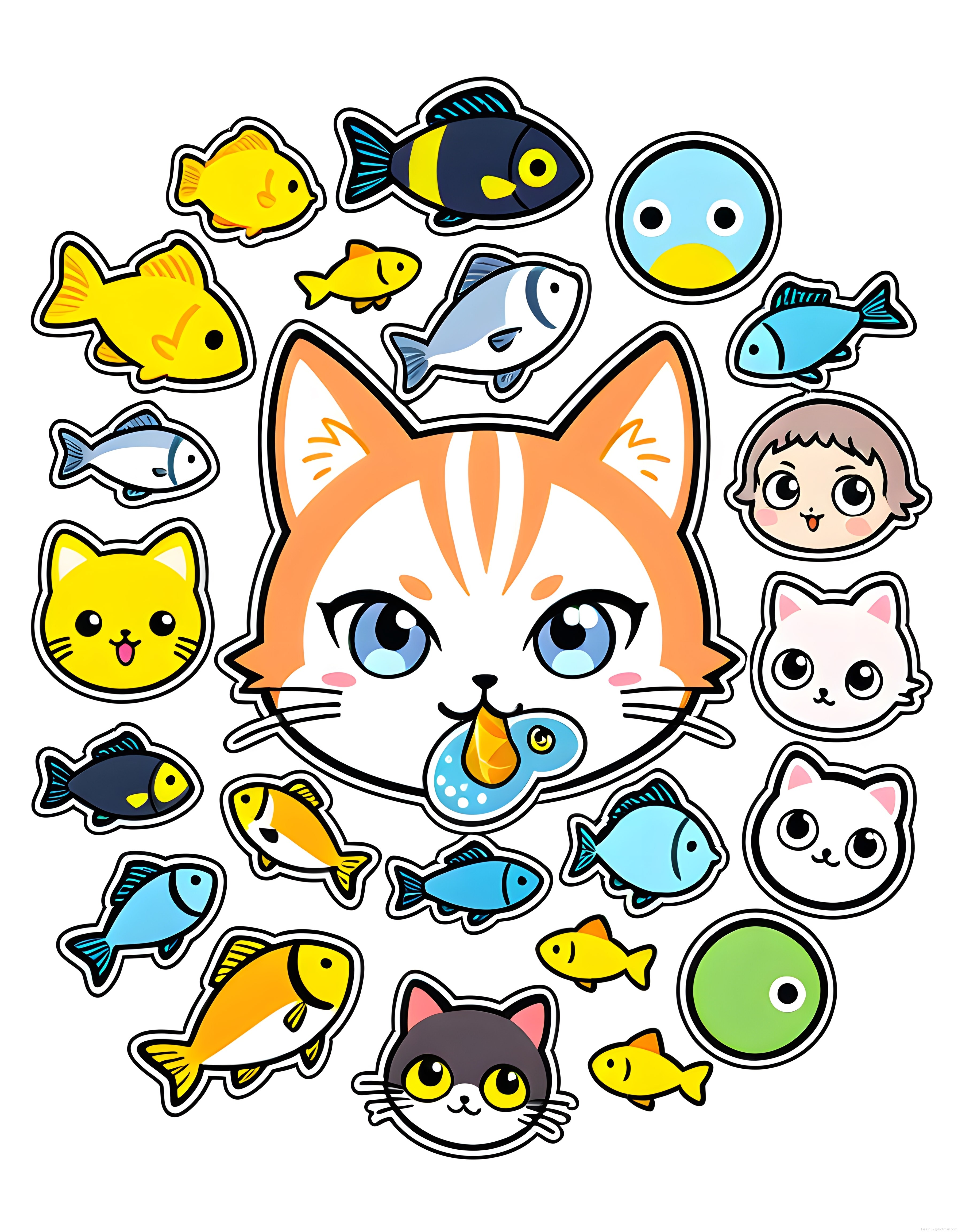 Kawaii kedi ve renkli balıklardan oluşan sevimli dijital çıkartma koleksiyonu