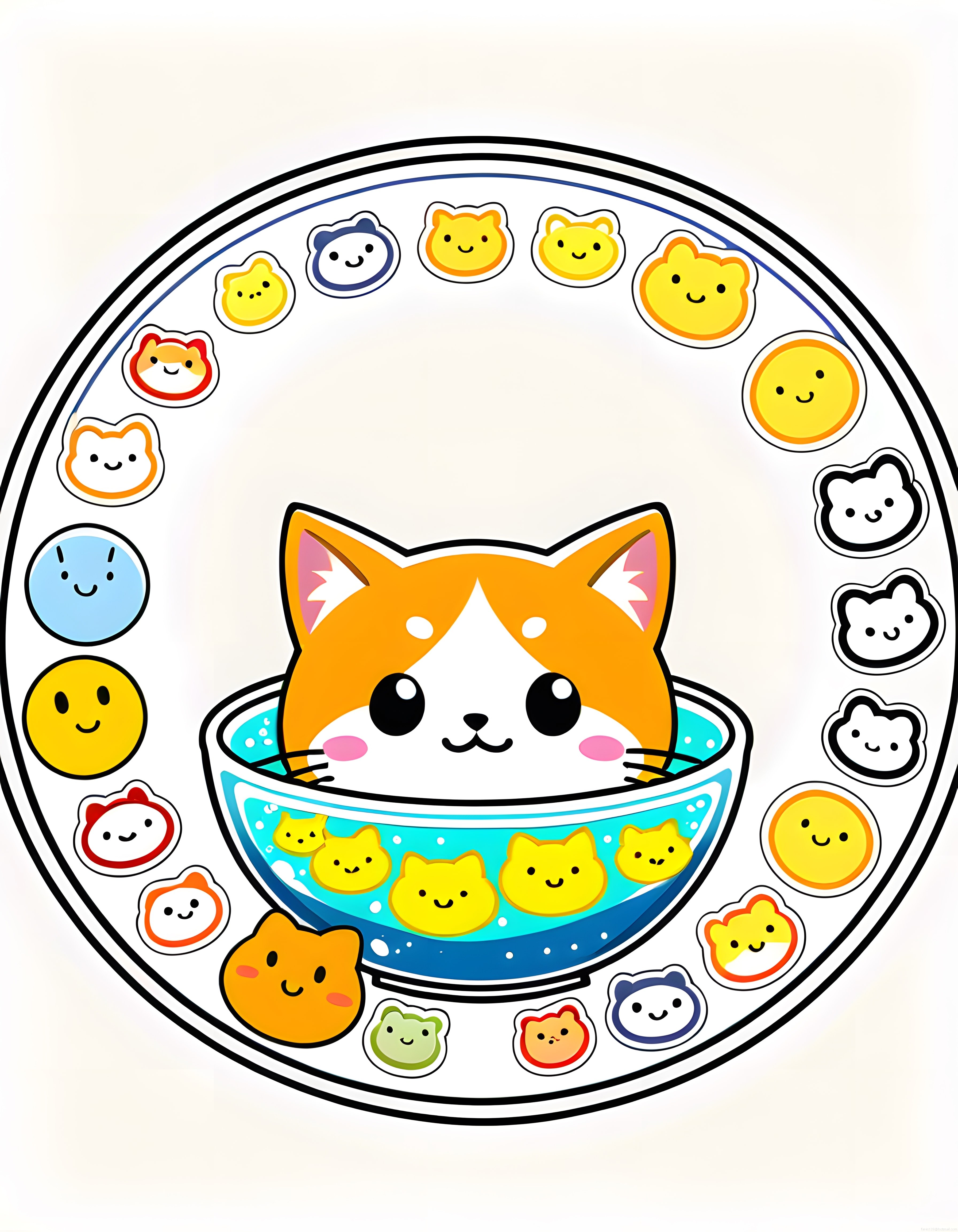 Kawaii Kedi ve Sevimli Yüzlerle Çevrili Şirin Çizgi Film İllüstrasyon