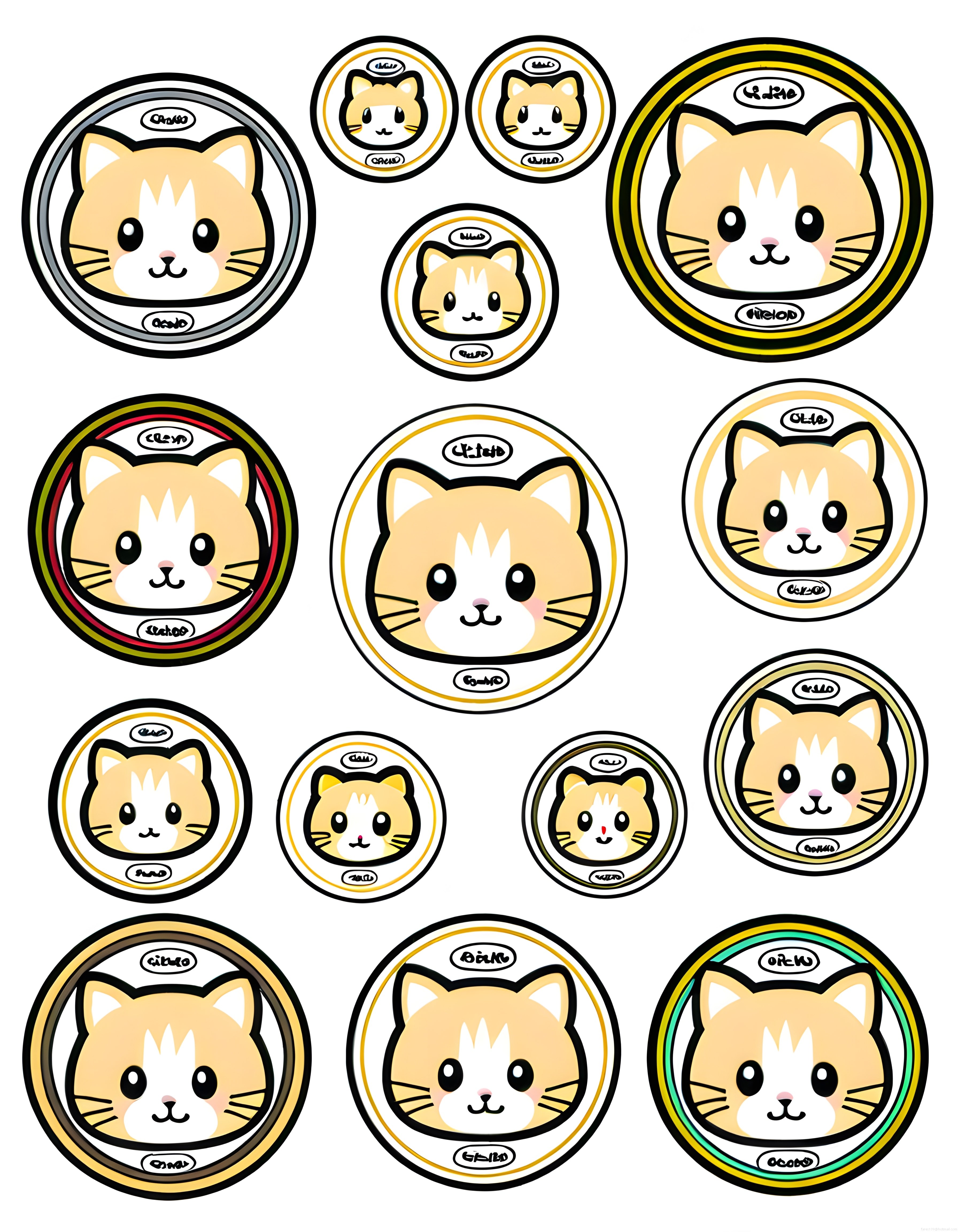 Kawaii kedi yüzleri yuvarlak çerçevelerde sevimli sticker seti