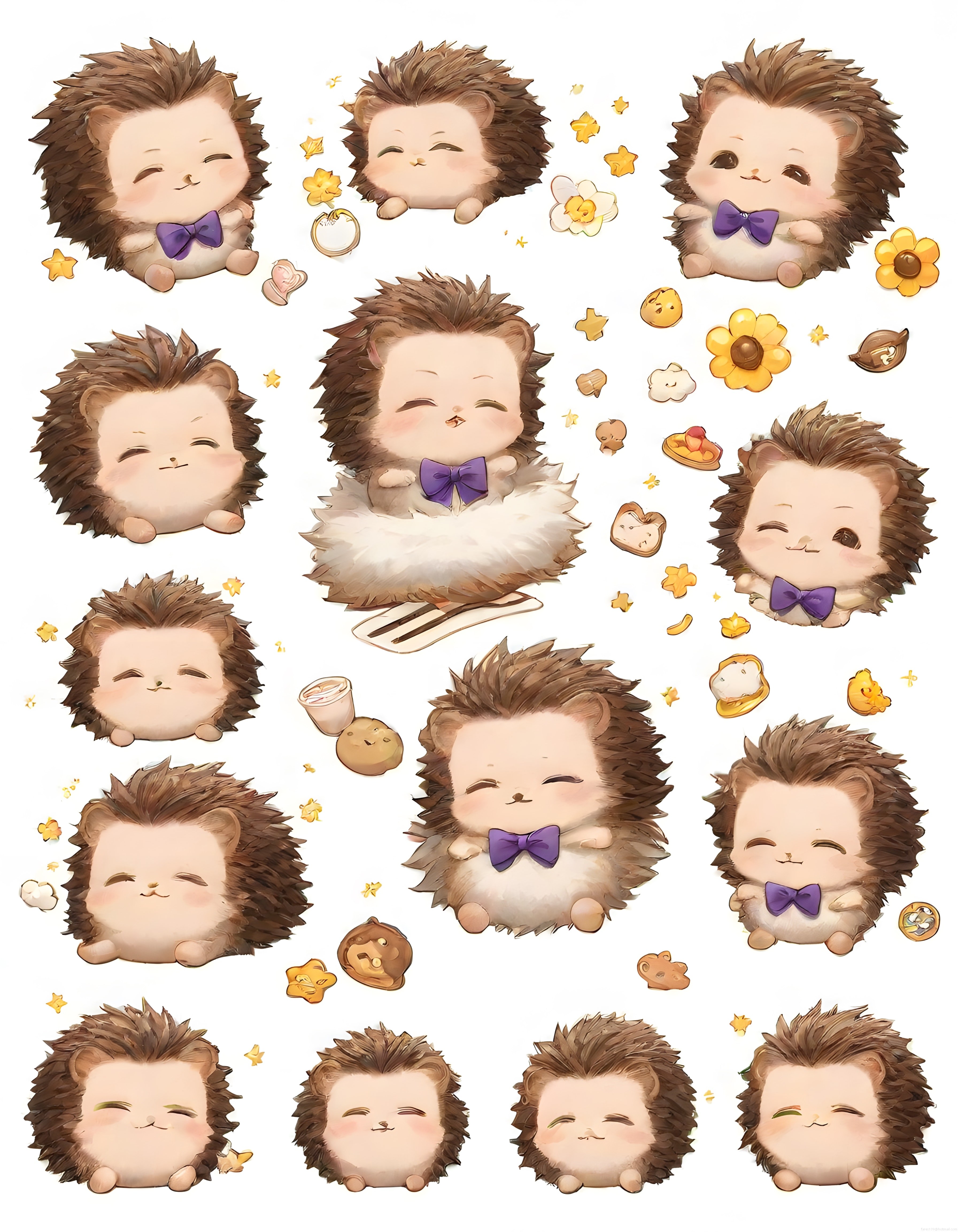 Kawaii Kirpi Sticker Seti: Mor Papyonlu Sevimli Dijital Çizim Koleksiyonu