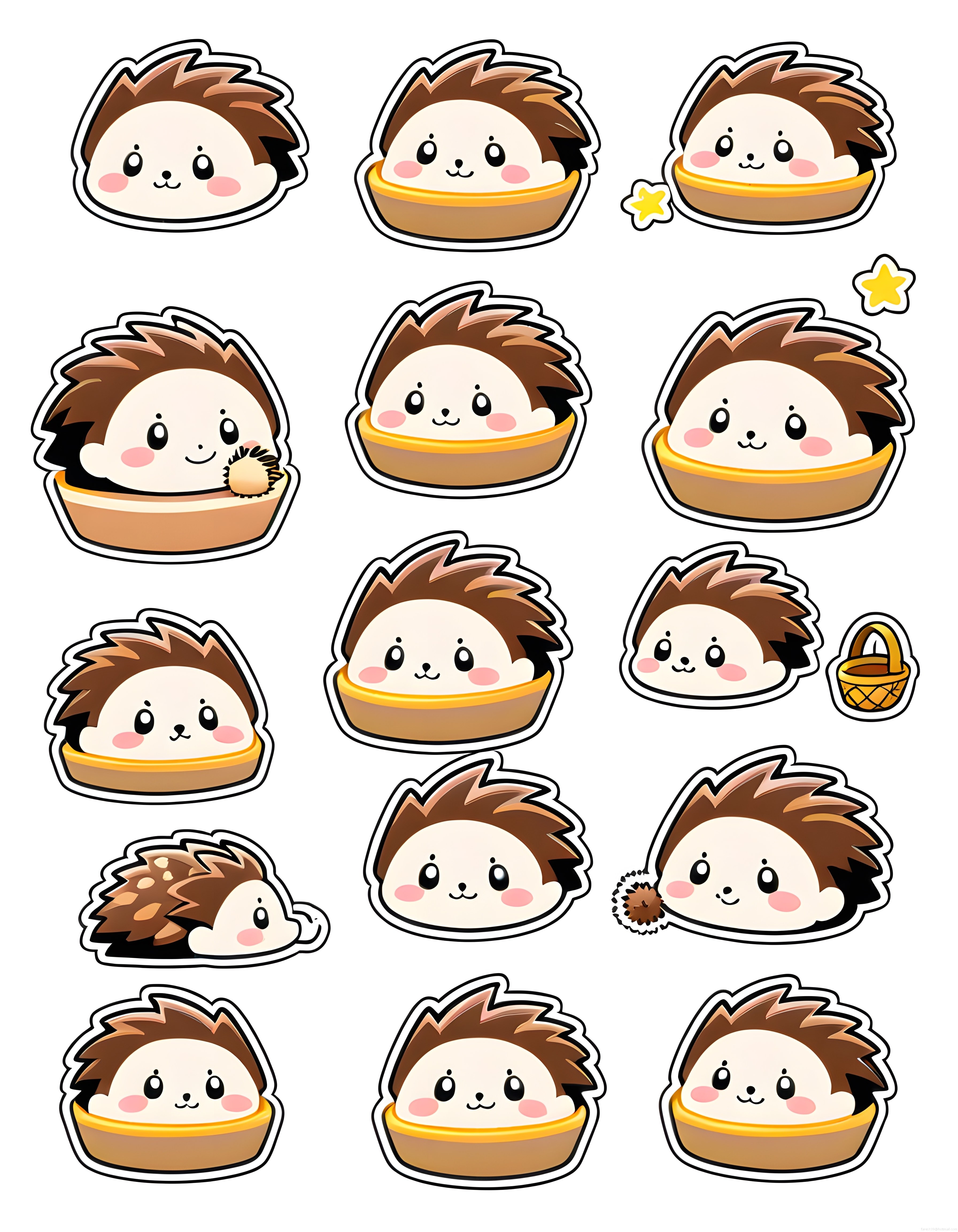 Kawaii Kirpi Sticker Seti: Sepetli ve Sevimli Orman Hayvanı Karakter Çizimleri