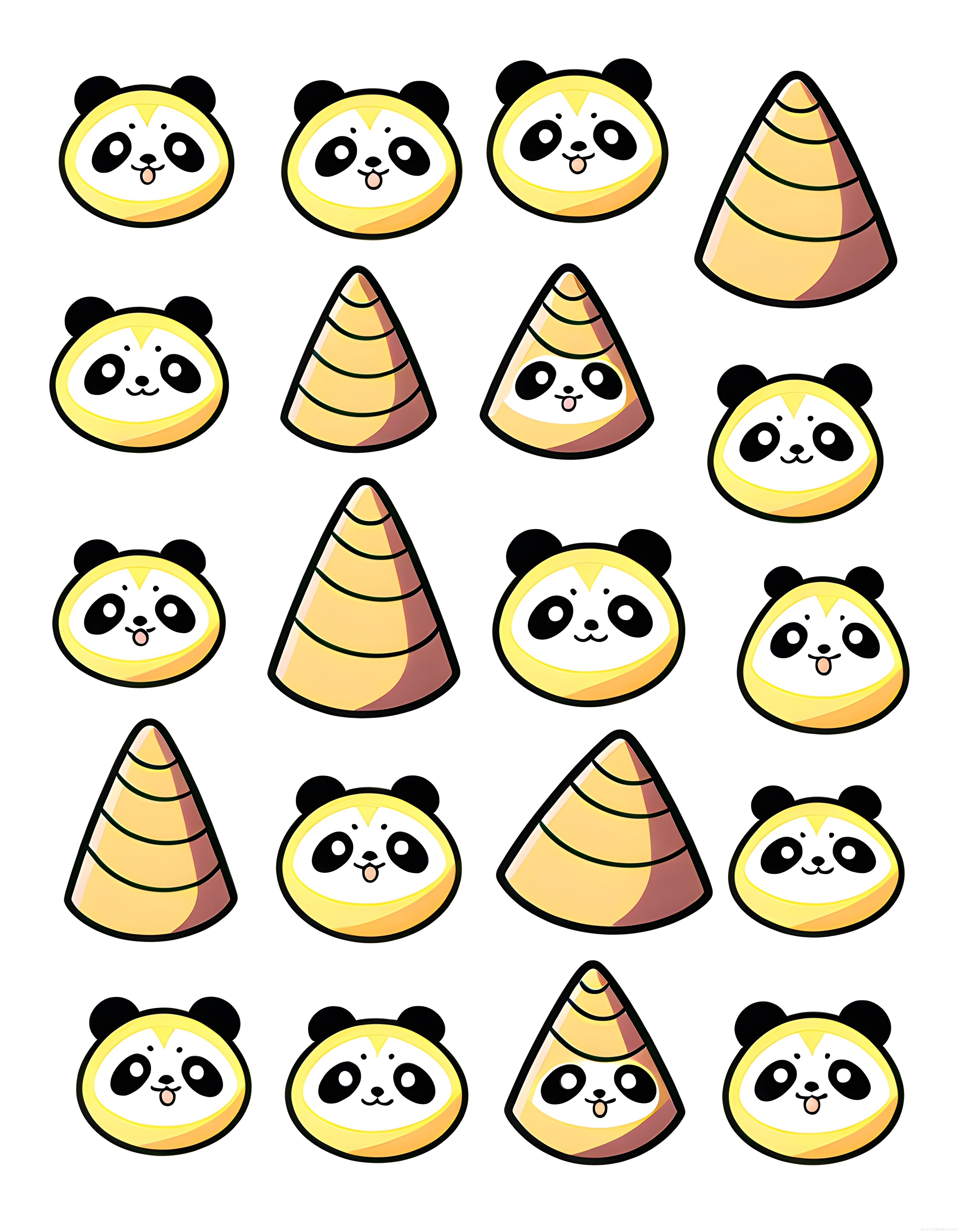 Kawaii panda yüzleri ve sevimli karakter rozetleri dijital illüstrasyon seti